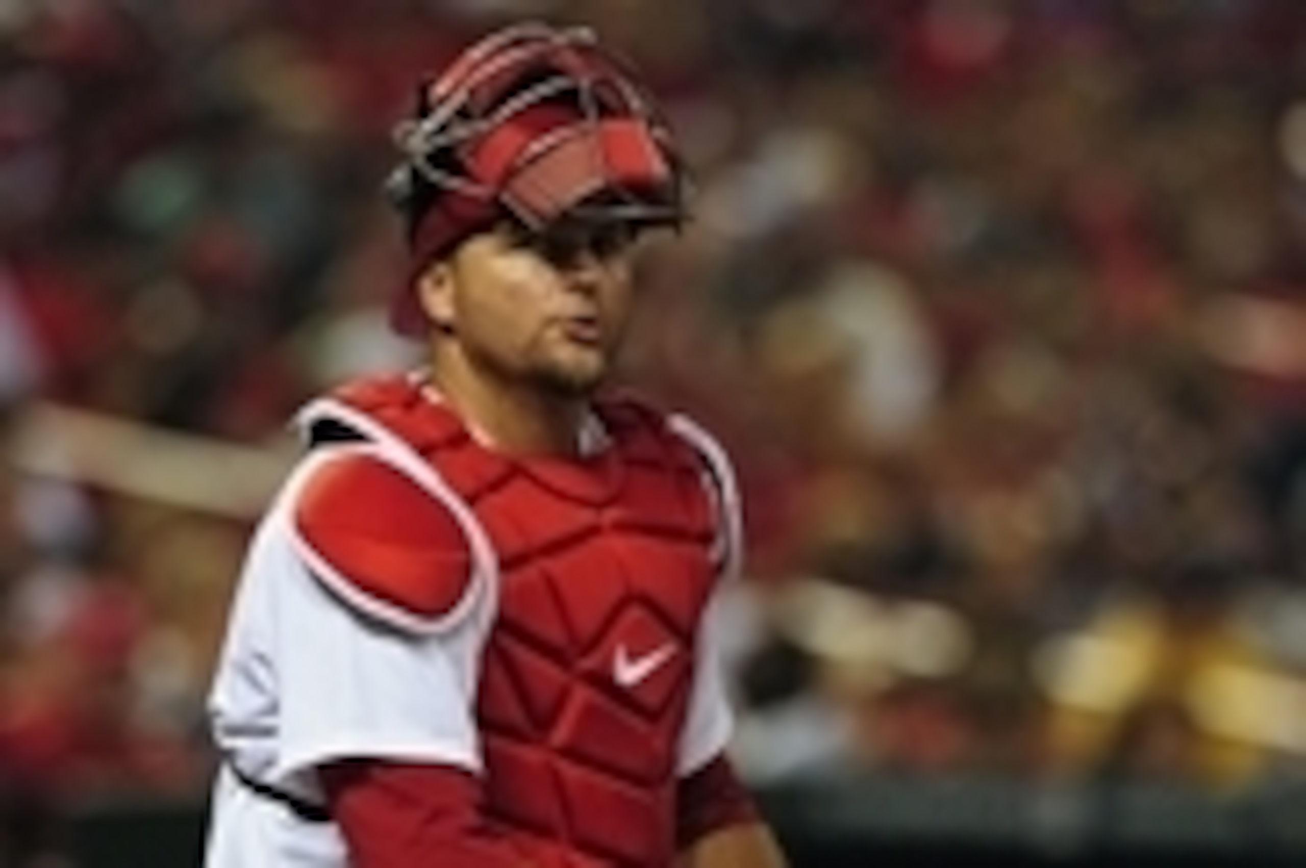 Aug 1, 2014; St. Louis, MO, USA; St. Louis Cardinals catcher A.J. Pierzynski (35) looks on during the third inning against the Milwaukee Brewers at Busch Stadium. The Brewers defeated the Cardinals 7-4. Mandatory Credit: Jeff Curry-USA TODAY Sports