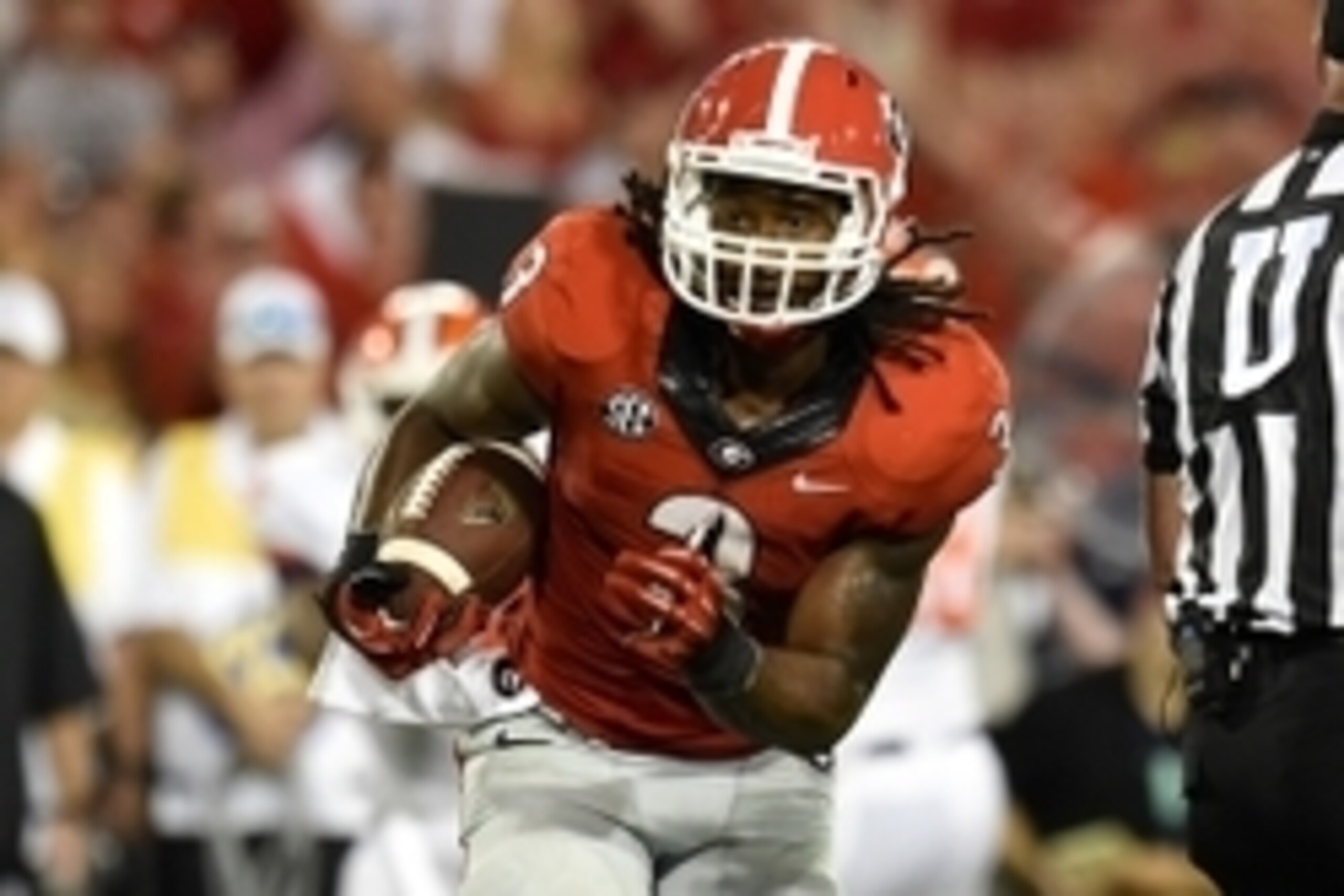 Aug 30, 2014; Athens, GA, USA; Georgia Bulldogs running back Todd Gurley (3) runs against the Clemson Tigers during the second half at Sanford Stadium. Georgia defeated Clemson 45-21. Mandatory Credit: Dale Zanine-USA TODAY Sports