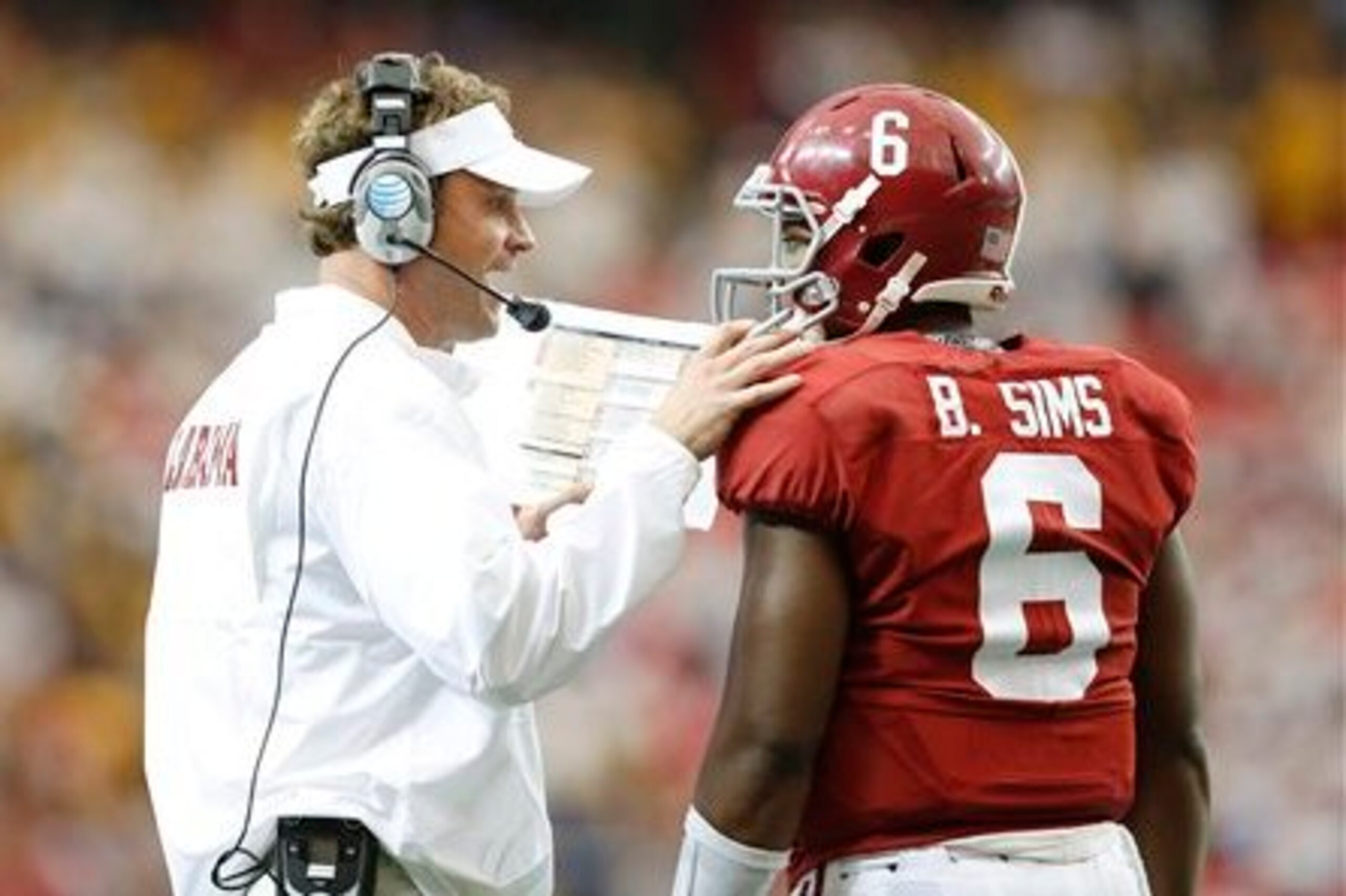 Alabama OC Lane Kiffin (left) and QB Blake Sims