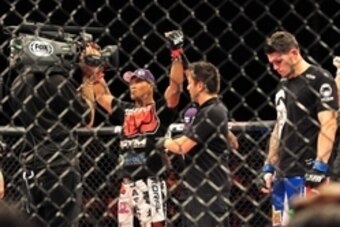 May 18, 2013; Jaragua do Sul, BRAZIL; Chris Camozzi (blue shorts) reacts after being defeated by Jacare Souza (black/white shorts) during UFC on FX 8 at Arena Jaragua. Mandatory Credit: Jason da Silva-USA TODAY Sports