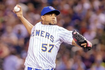 Jun 5, 2014; Minneapolis, MN, USA; Milwaukee Brewers relief pitcher Francisco Rodriguez (57) pitches in the ninth inning against the Minnesota Twins at Target Field. The Milwaukee Brewers win 8-5. Mandatory Credit: Brad Rempel-USA TODAY Sports