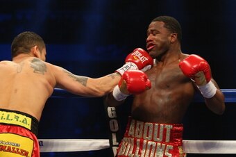SAN ANTONIO, TX - DECEMBER 14:  (L-R) Marcos Maidana and Adrien Broner during their WBA Welterweight Title bout at Alamodome on December14, 2013 in San Antonio, Texas..  (Photo by Ronald Martinez/Getty Images)