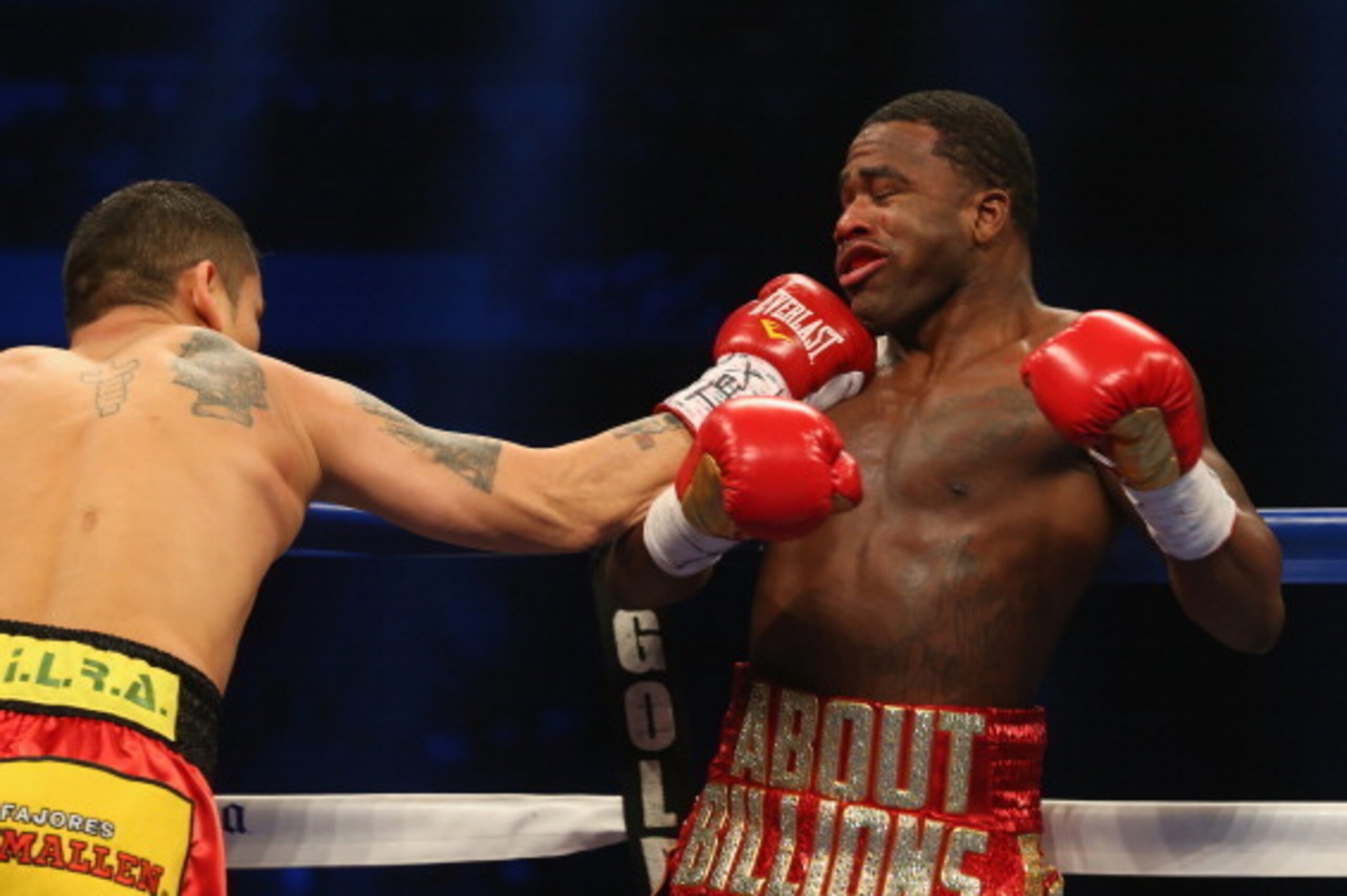 SAN ANTONIO, TX - DECEMBER 14:  (L-R) Marcos Maidana and Adrien Broner during their WBA Welterweight Title bout at Alamodome on December14, 2013 in San Antonio, Texas..  (Photo by Ronald Martinez/Getty Images)