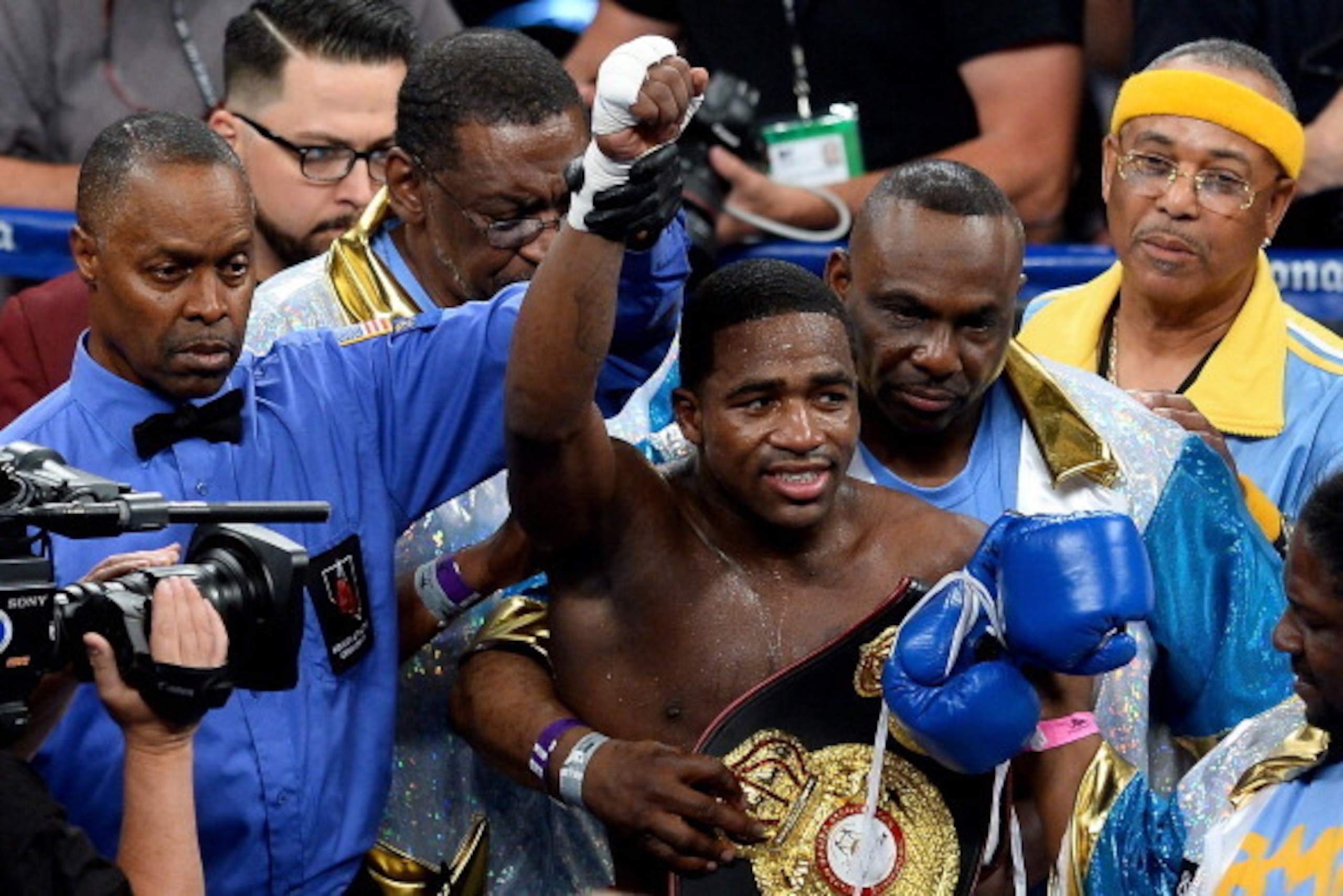 LAS VEGAS, NV - MAY 03:  Adrien Broner celebrates his unanimous-decision victory over Carlos Molina after their super lightweight bout at the MGM Grand Garden Arena on May 3, 2014 in Las Vegas, Nevada.  (Photo by Ethan Miller/Getty Images)