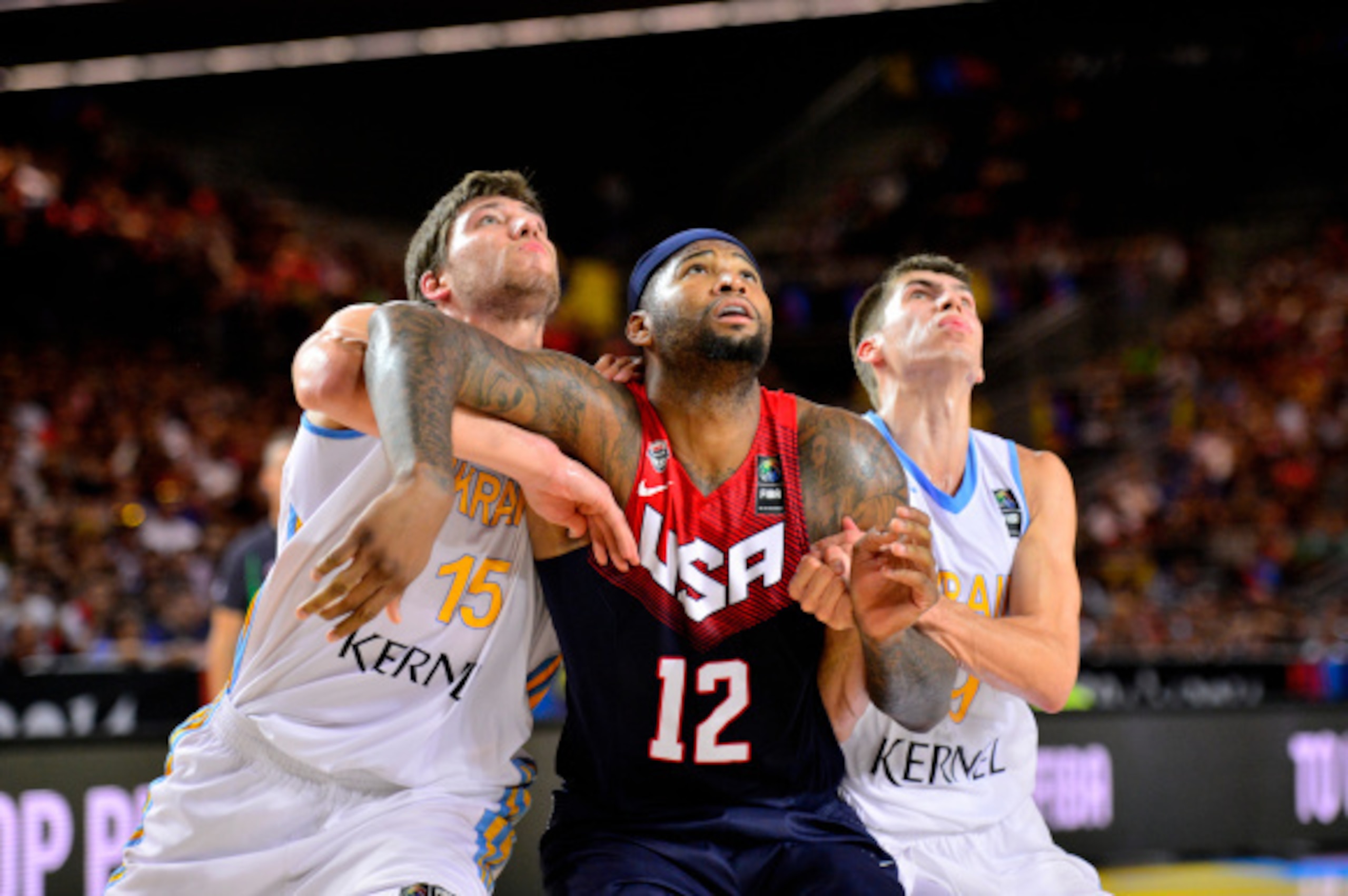 BILBAO, SPAIN - SEPTEMBER 04:  DeMarcus Cousins #12 of the USA Basketball Men's National Team fights for position against   of the Ukraine Basketball Team during the FIBA 2014 World Cup Tournament at the Bilbao Exhibition Center on September 04, 2014 in B