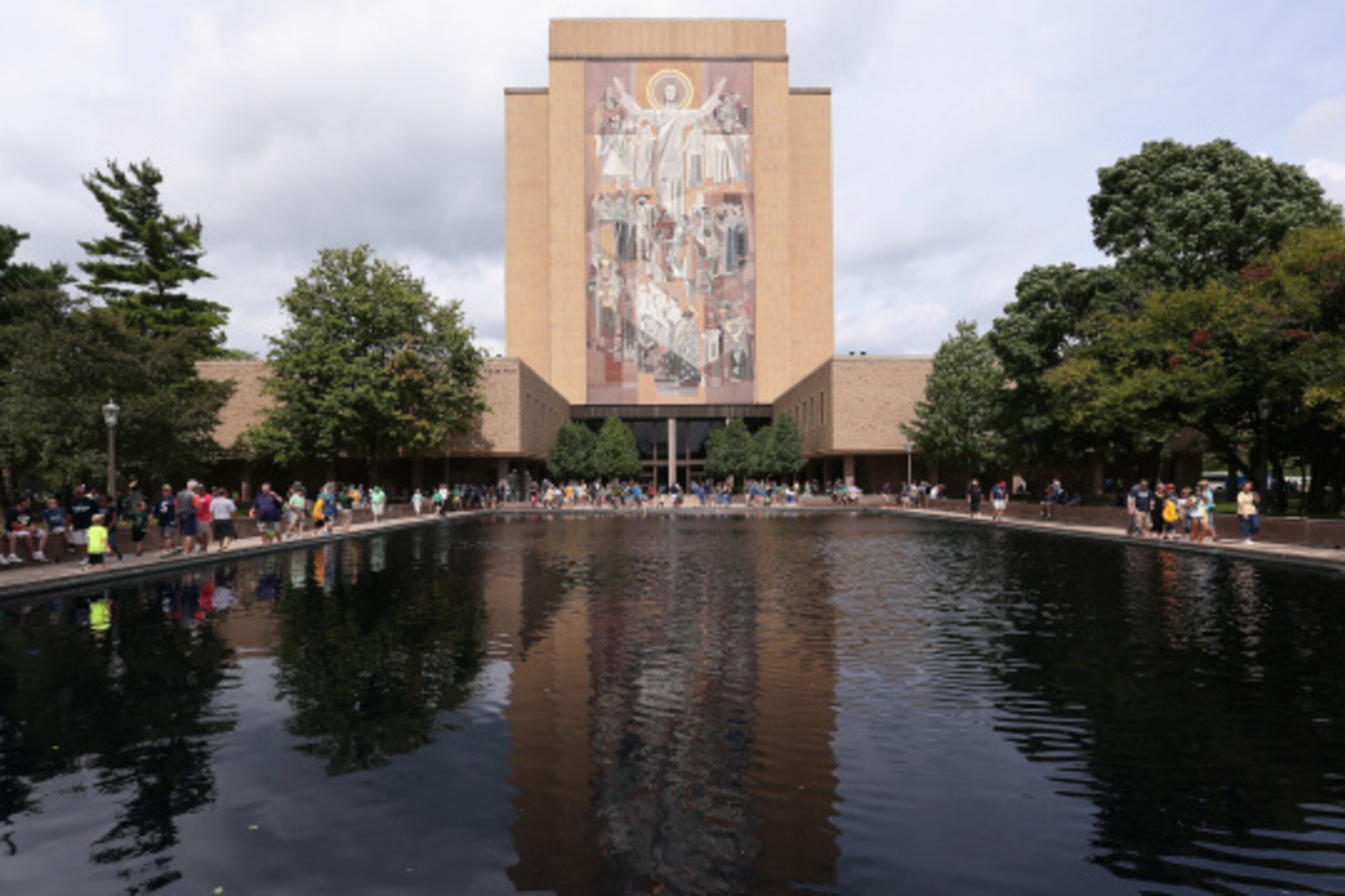 SOUTH BEND, IN - AUGUST 30:  The mural at the Hesburgh Library, commonly known as 'Touchdown Jesus' is seen on the campus of Notre Dame University before a game between the Norte Dame Fighting Irish and the Rice Owls at Notre Dame Stadium on August 30, 20