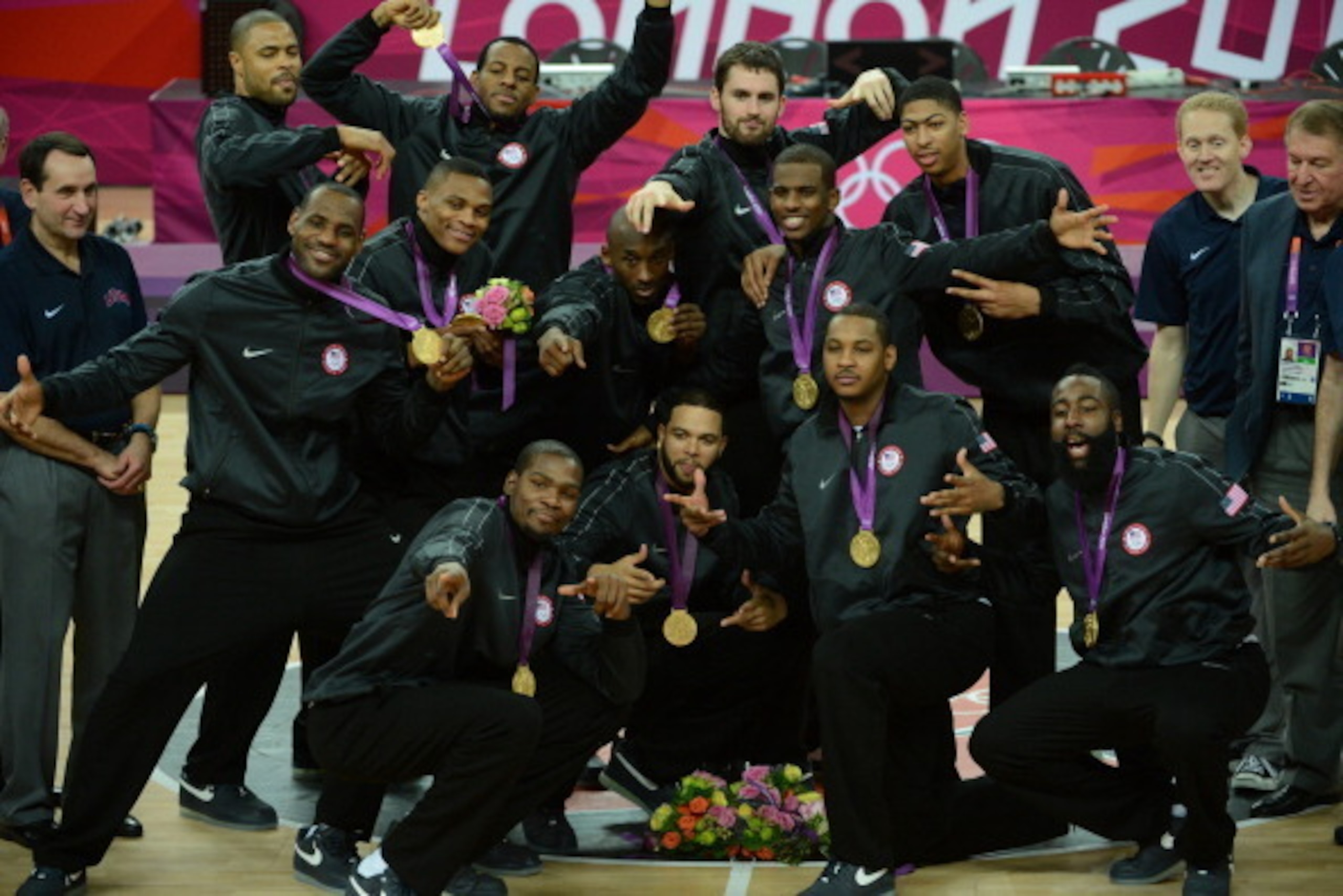 LONDON, ENGLAND - AUGUST 12: LeBron James #6, Kevin Durant #5, Tyson Chandler #4, Russell Westbrook #7, Andre Iguodala #9, Deron Williams #8, Kobe Bryant #10, Chris Paul #13, Kevin Love #11, Carmelo Anthony #15, Anthony Davis#14 and James Harden #12 of th
