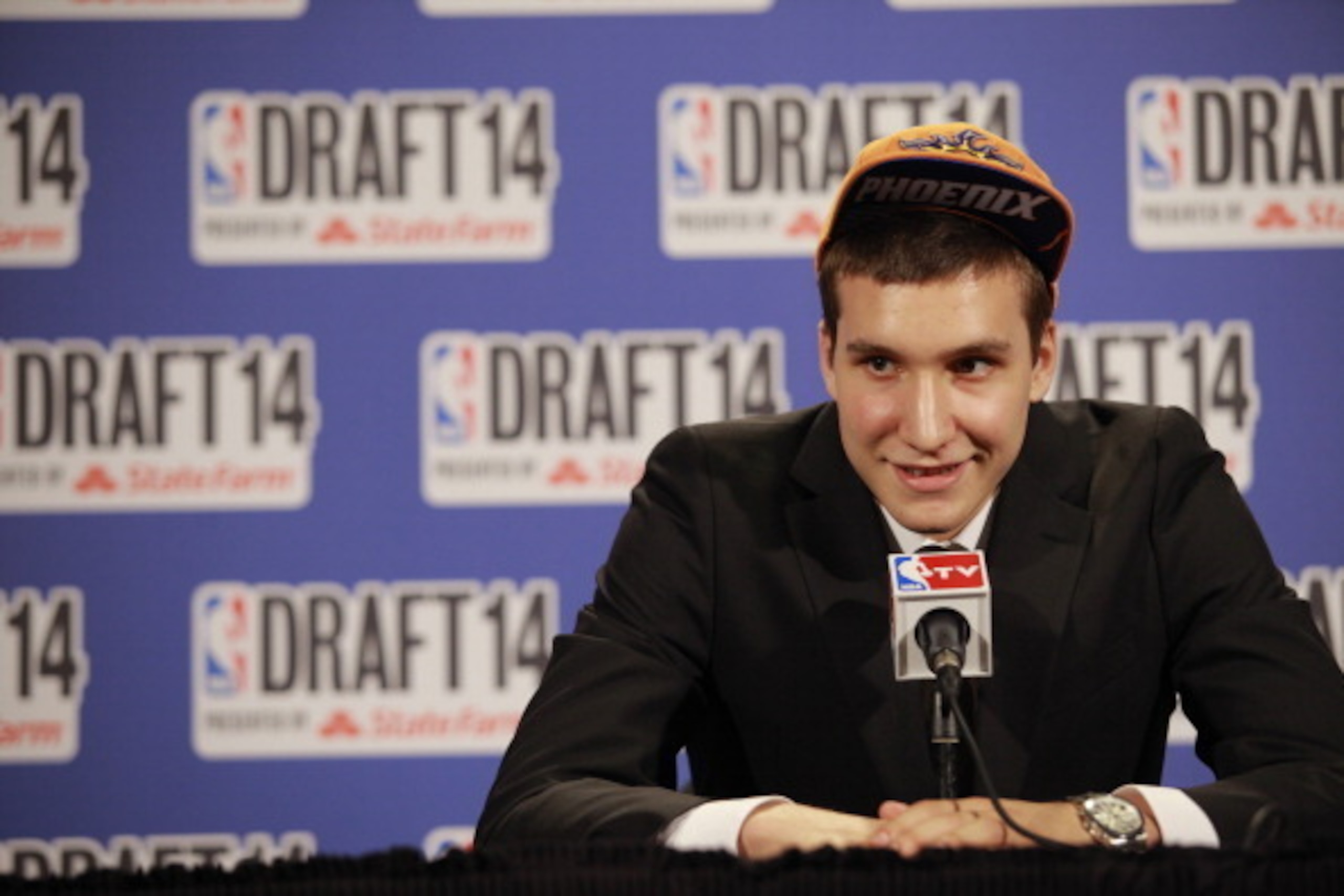 NEW YORK - JUNE 26: Bogdan Bogdanovic addresses the media after being selected 27th overall by the Phoenix Suns during the 2014 NBA Draft on June 26, 2014 at the Barclays Center in Brooklyn, New York. NOTE TO USER: User expressly acknowledges and agrees t