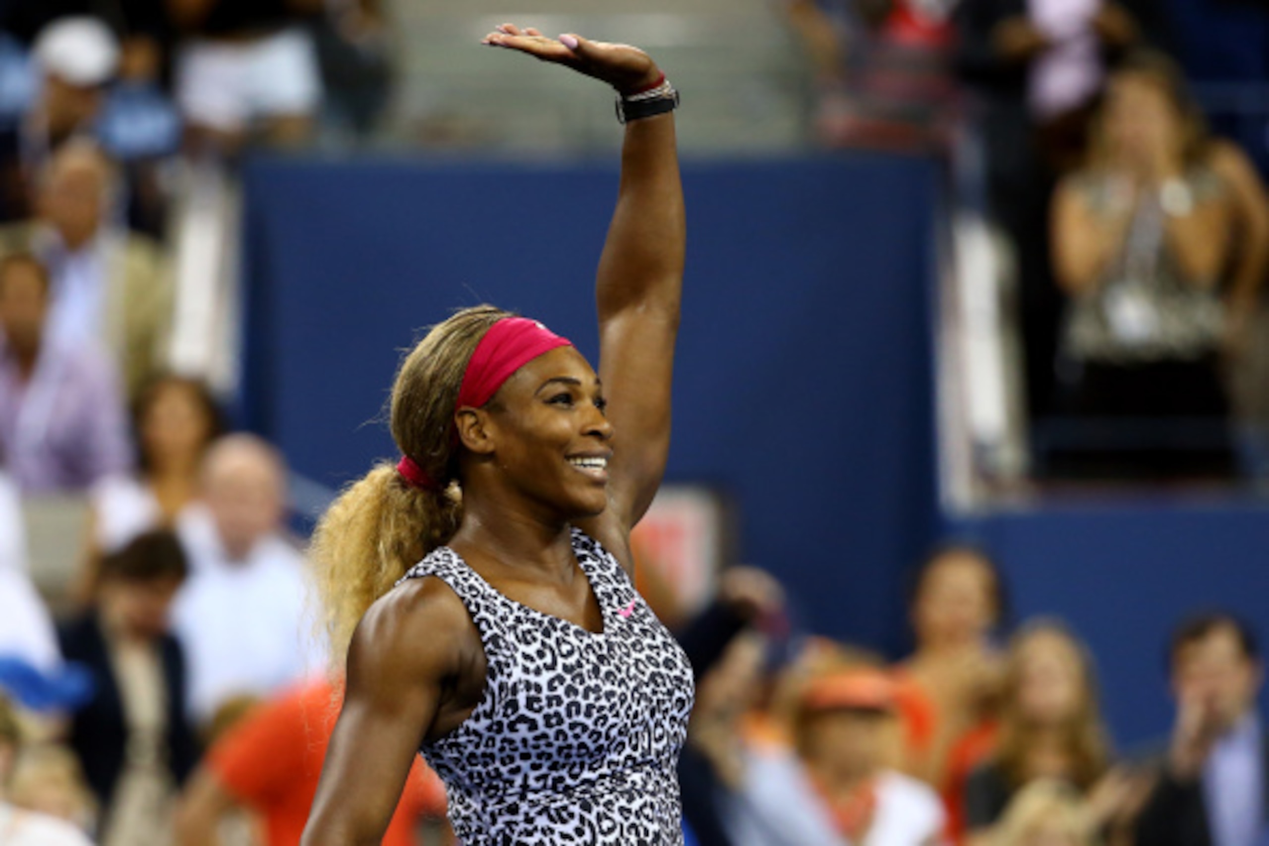NEW YORK, NY - SEPTEMBER 03:  Serena Williams of the United States celebrates match point against Flavia Pennetta of Italy in their women's singles quarterfinal match on Day Ten of the 2014 US Open at the USTA Billie Jean King National Tennis Center on Se