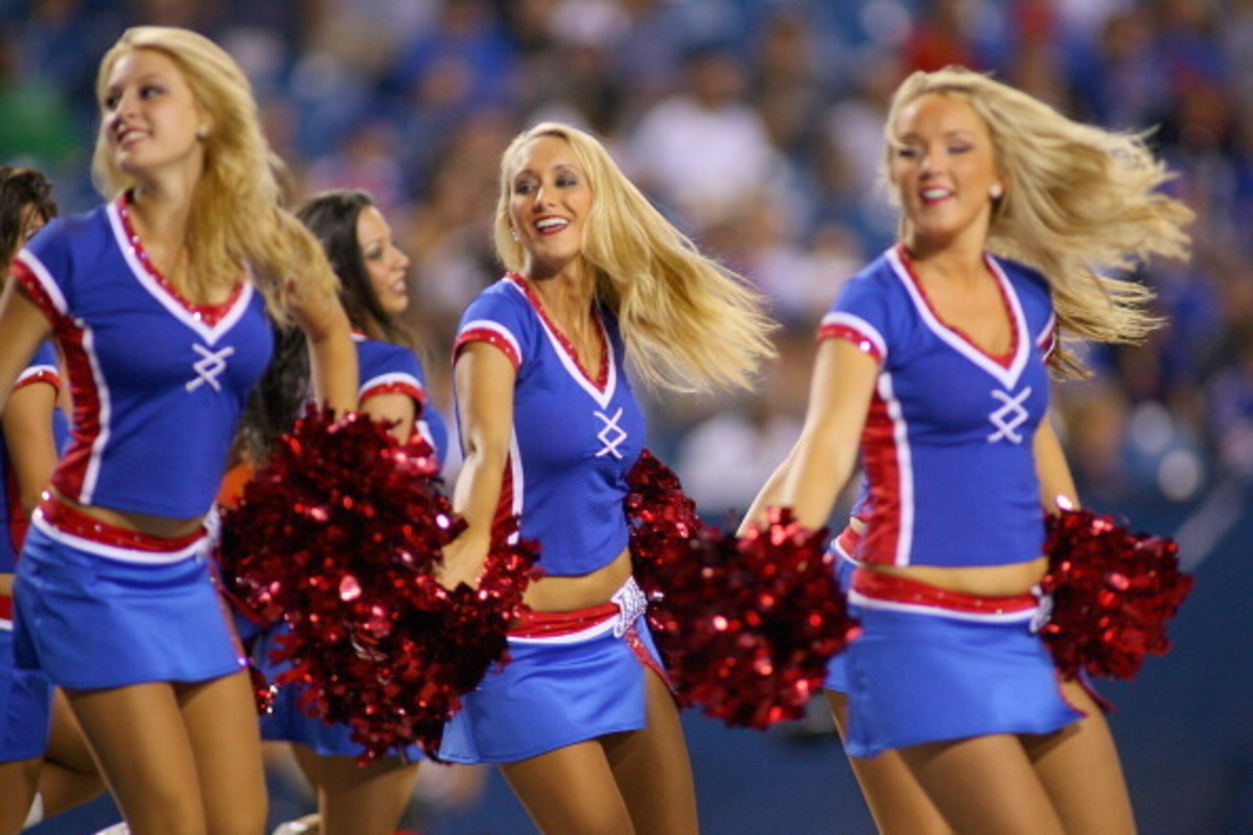 ORCHARD PARK, NY - AUGUST 09: Buffalo Jills cheerleaders dance during a timeout at Ralph Wilson Stadium on August 9, 2012 in Orchard Park, New York.Washington won 7-6. (Photo by Rick Stewart/Getty Images) ORCHARD PARK, NY - AUGUST 09: Buffalo Jills cheerleaders dance during a timeout at Ralph Wilson Stadium on August 9, 2012 in Orchard Park, New York.Washington won 7-6. (Photo by Rick Stewart/Getty Images)