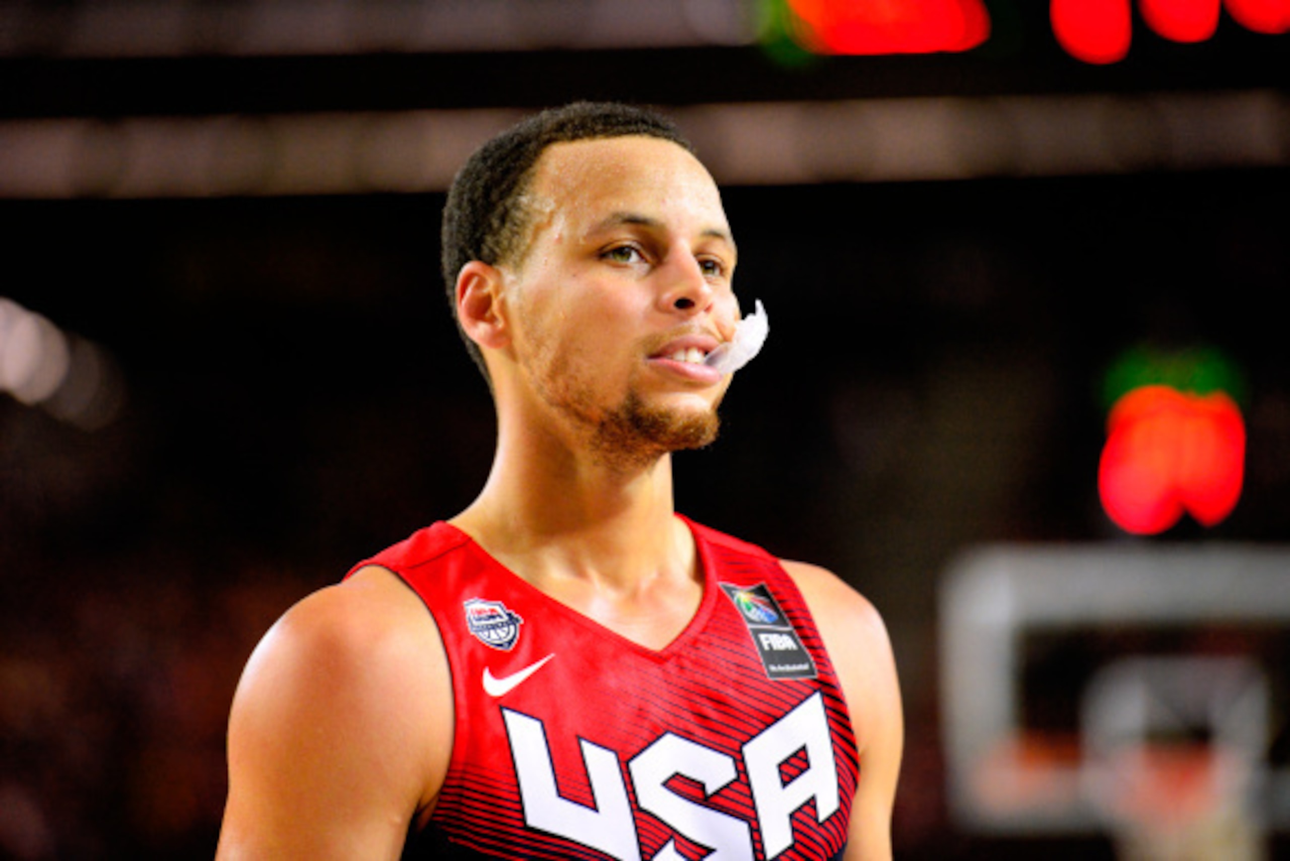 BILBAO, SPAIN - SEPTEMBER 3: Stephen Curry #4 of the USA Basketball Men's National Team during the game against the Dominican Republic Basketball Men's National Team during the 2014 FIBA World Cup at Bizkaia Arena in Bilbao Exhibition Centre on September 