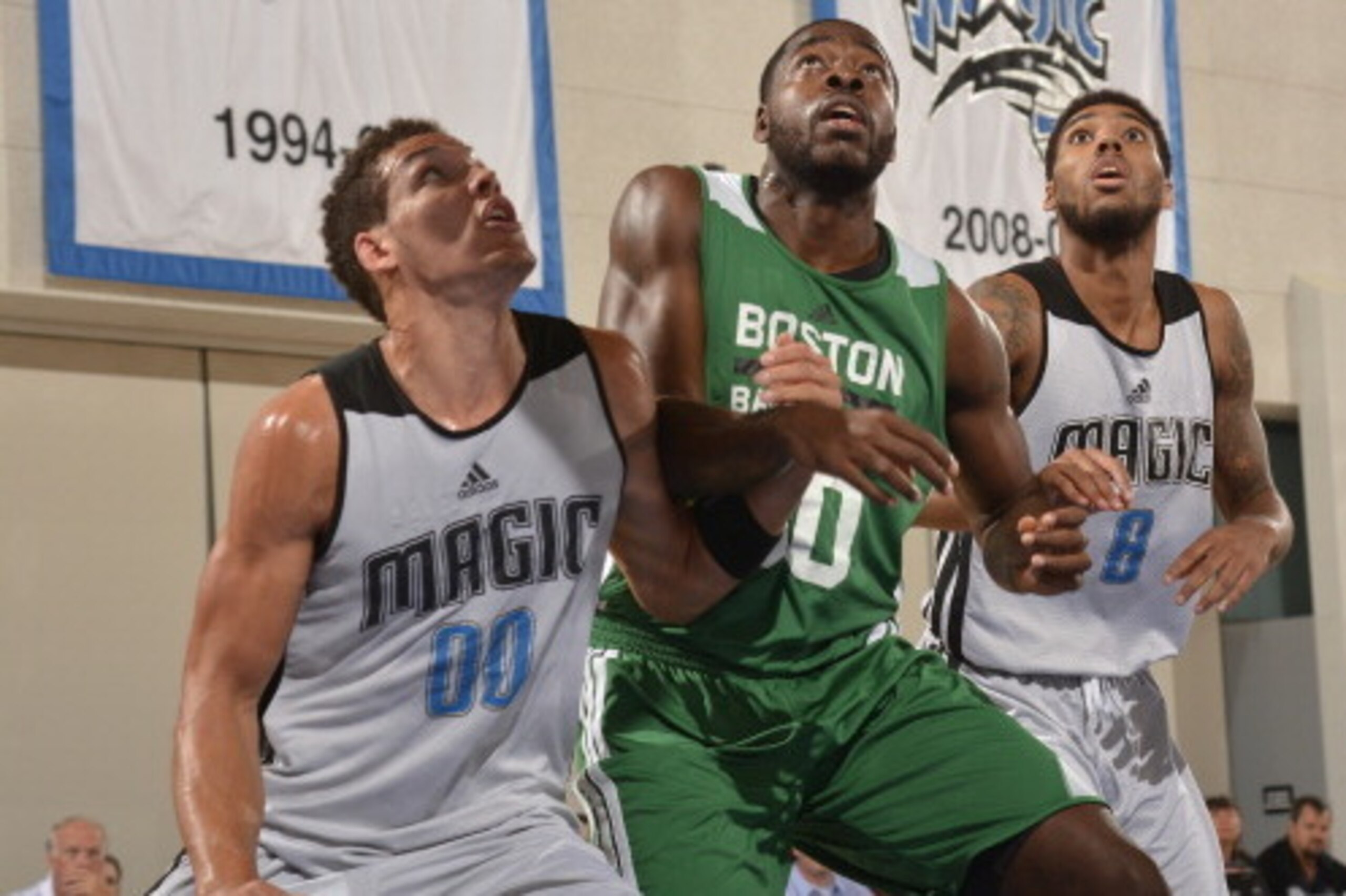 ORLANDO, FL - JULY 10: Aaron Gordon 00 and Devyn Marble #8 of the Orlando Magic box out against O.D. Anosike #60 of the Boston Celtics during the Samsung NBA Summer League 2014 on July 10, 2014 at Amway Center in Orlando, Florida. NOTE TO USER: User expre