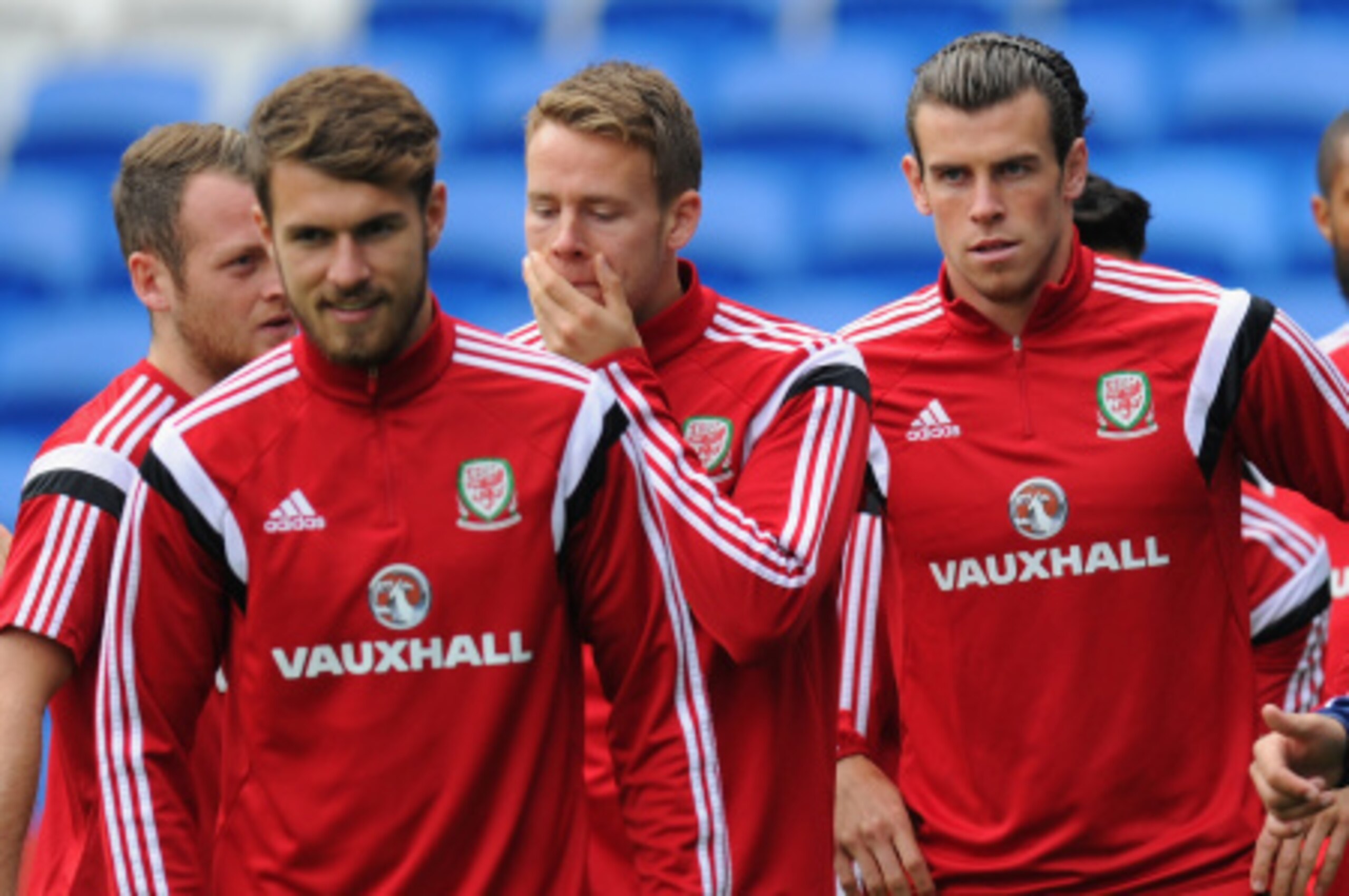 CARDIFF, WALES - SEPTEMBER 03:  Wales players Aaron Ramsey (l) and Gareth Bale look on during a Wales training session at Cardiff City Stadium on September 3, 2014 in Cardiff, Wales.  (Photo by Stu Forster/Getty Images)