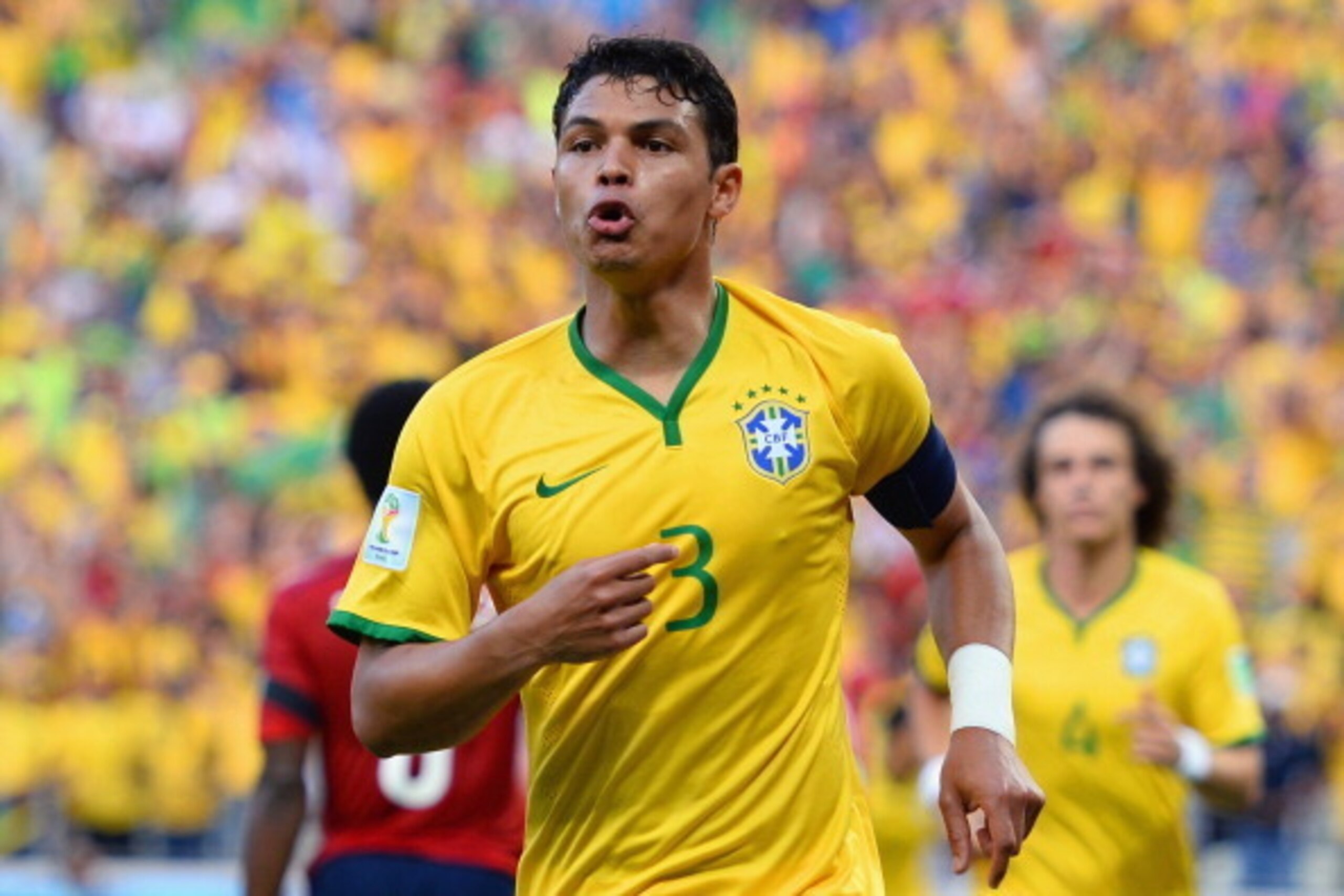 FORTALEZA, BRAZIL - JULY 04:  Thiago Silva of Brazil celebrates scoring his team's first goal during the 2014 FIFA World Cup Brazil Quarter Final match between Brazil and Colombia at Castelao on July 4, 2014 in Fortaleza, Brazil.  (Photo by Jamie McDonald