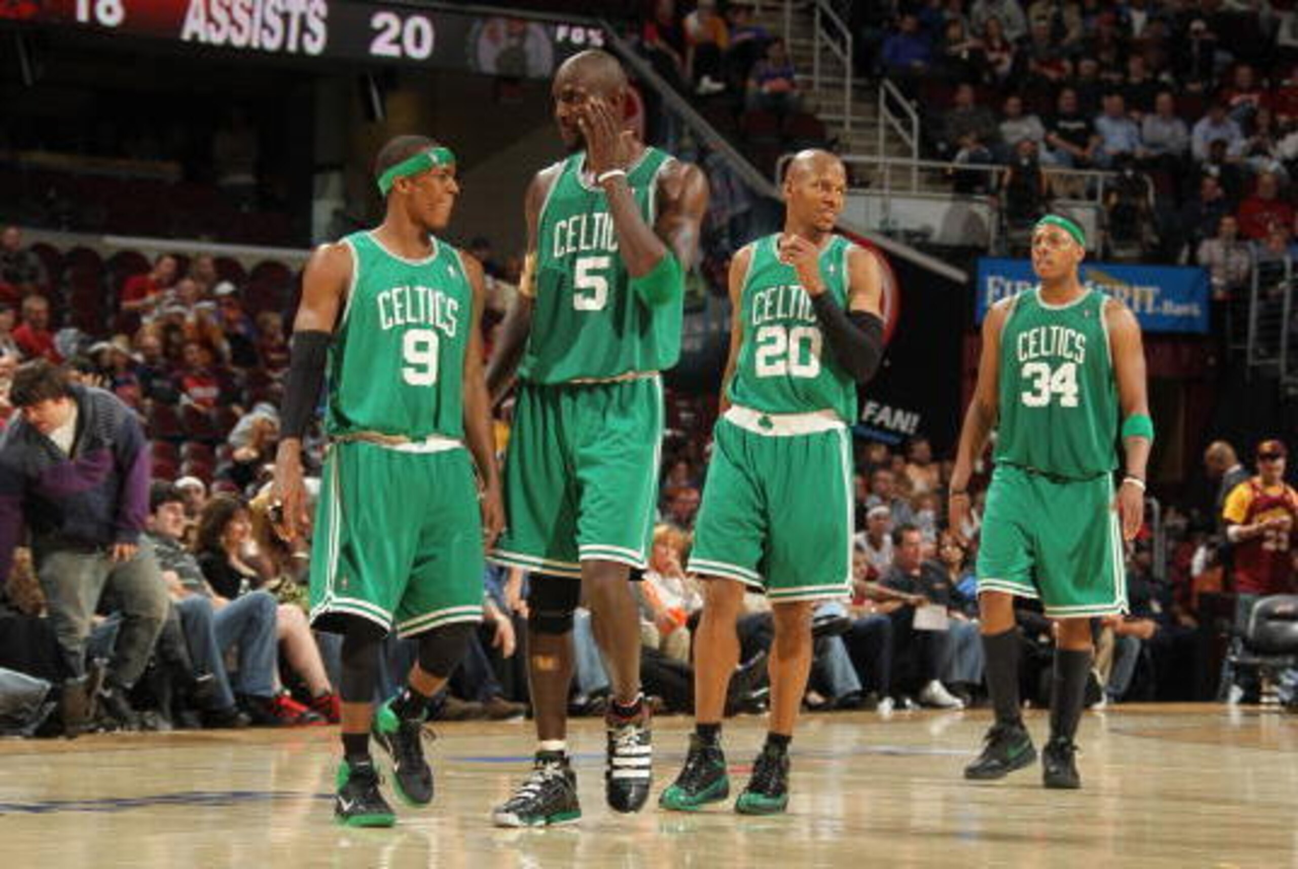 CLEVELAND, OH - MAY 11: Rajon Rondo #9, Kevin Garnett #5, Ray Allen #20 and Paul Pierce #30 of the Boston Celtics walk down court during a victory over the Cleveland Cavaliers in Game Five of the Eastern Conference Semifinals during the 2010 NBA Playoffs 