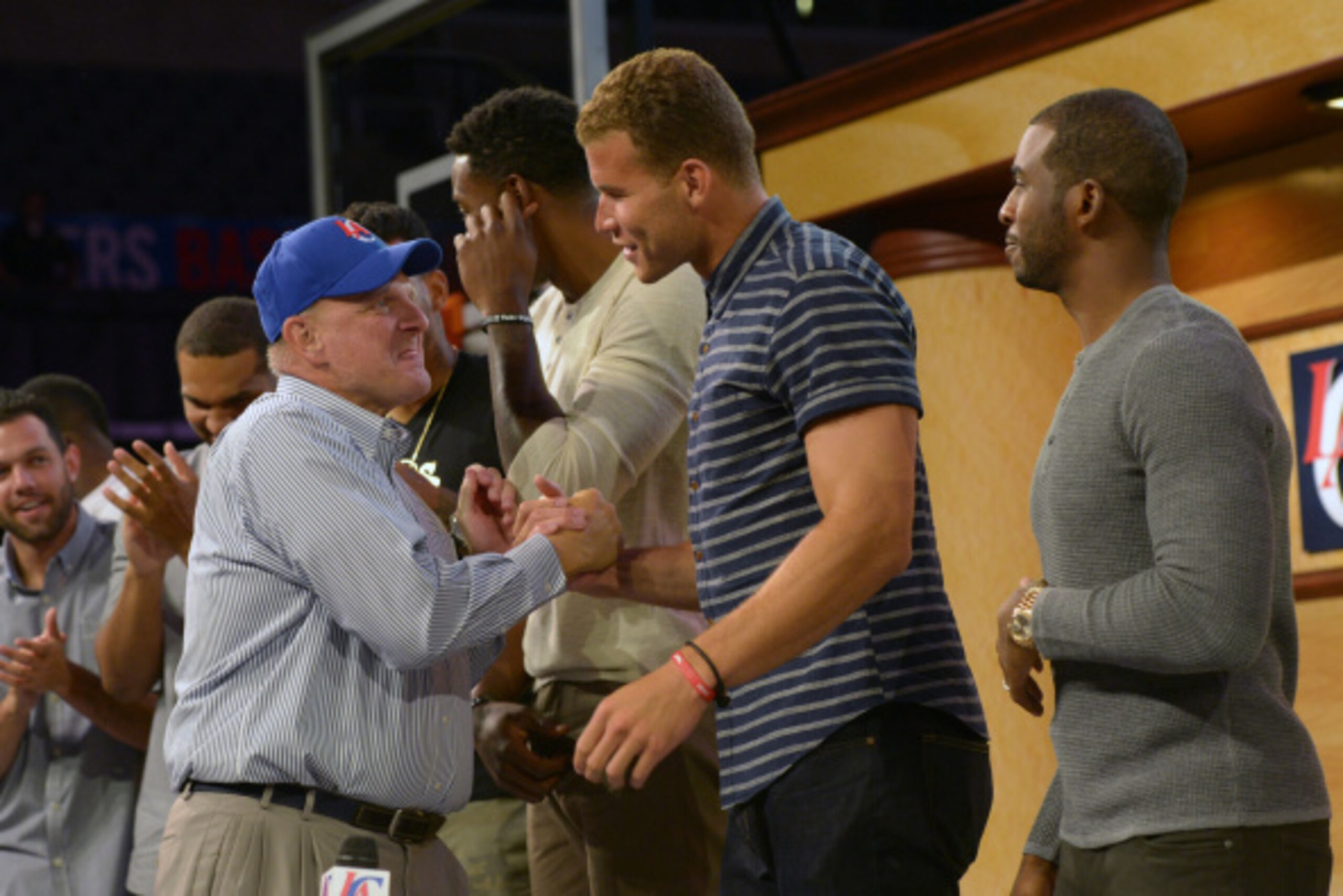 LOS ANGELES, CA - AUGUST 18:  Steve Ballmer and Blake Griffin #32 of the Los Angeles Clippers shake hands during the Los Angeles Clippers Fan Festival at STAPLES Center on August 18, 2014 in Los Angeles, California. NOTE TO USER: User expressly acknowledg