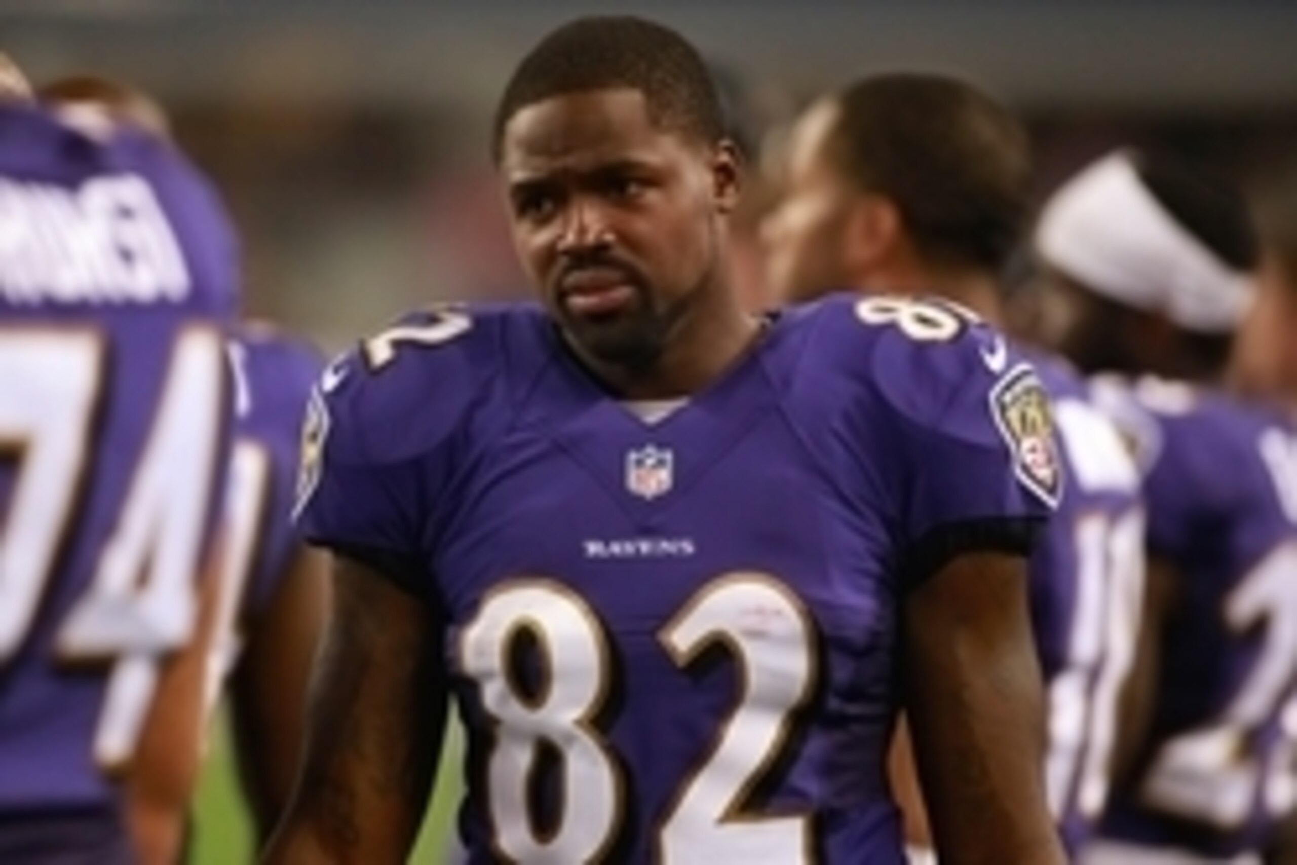 Aug 16, 2014; Arlington, TX, USA; Baltimore Ravens wide receiver Torrey Smith (82) on the sidelines during the game against the Dallas Cowboys at AT&T Stadium. Baltimore beat Dallas 37-30. Mandatory Credit: Tim Heitman-USA TODAY Sports