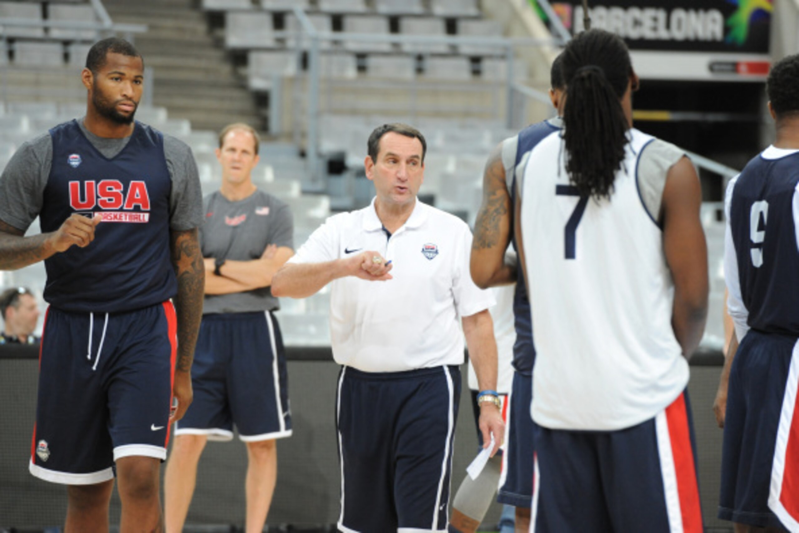 BARCELONA, SPAIN - SEPTEMBER 5:  Head Coach Mike Krzyzewski of the USA Basketball Men's National Team goes over a play during practice at Palau Sant Jordi on September 5, 2014 in Barcelona, Spain.  NOTE TO USER: User expressly acknowledges and agrees that