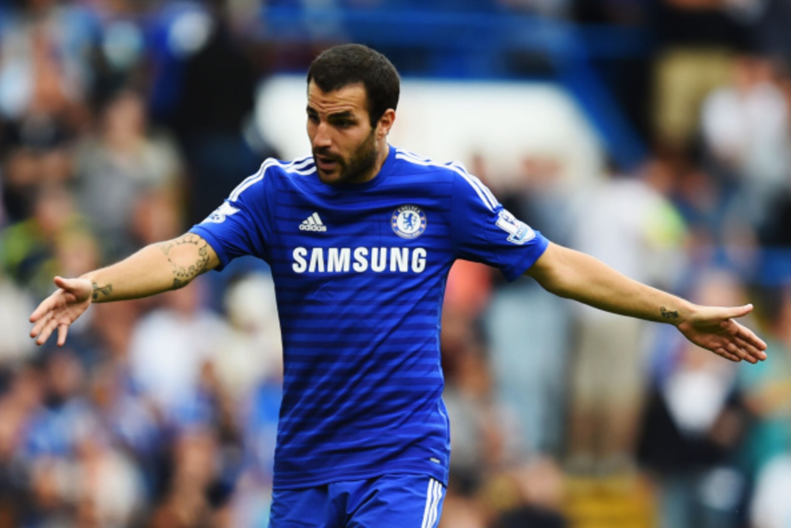 LONDON, ENGLAND - AUGUST 23:  Cesc Fabregas of Chelsea gestures during the Barclays Premier League match between Chelsea and Leicester City at Stamford Bridge on August 23, 2014 in London, England.  (Photo by Jamie McDonald/Getty Images)