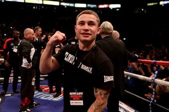 MANCHESTER, ENGLAND - NOVEMBER 30:  Carl Frampton celebrates after Andrew Flintoff's victory over Richard Dawson during their International Heavyweight bout at MEN Arena on November 30, 2012 in Manchester, England.  (Photo by Scott Heavey/Getty Images)