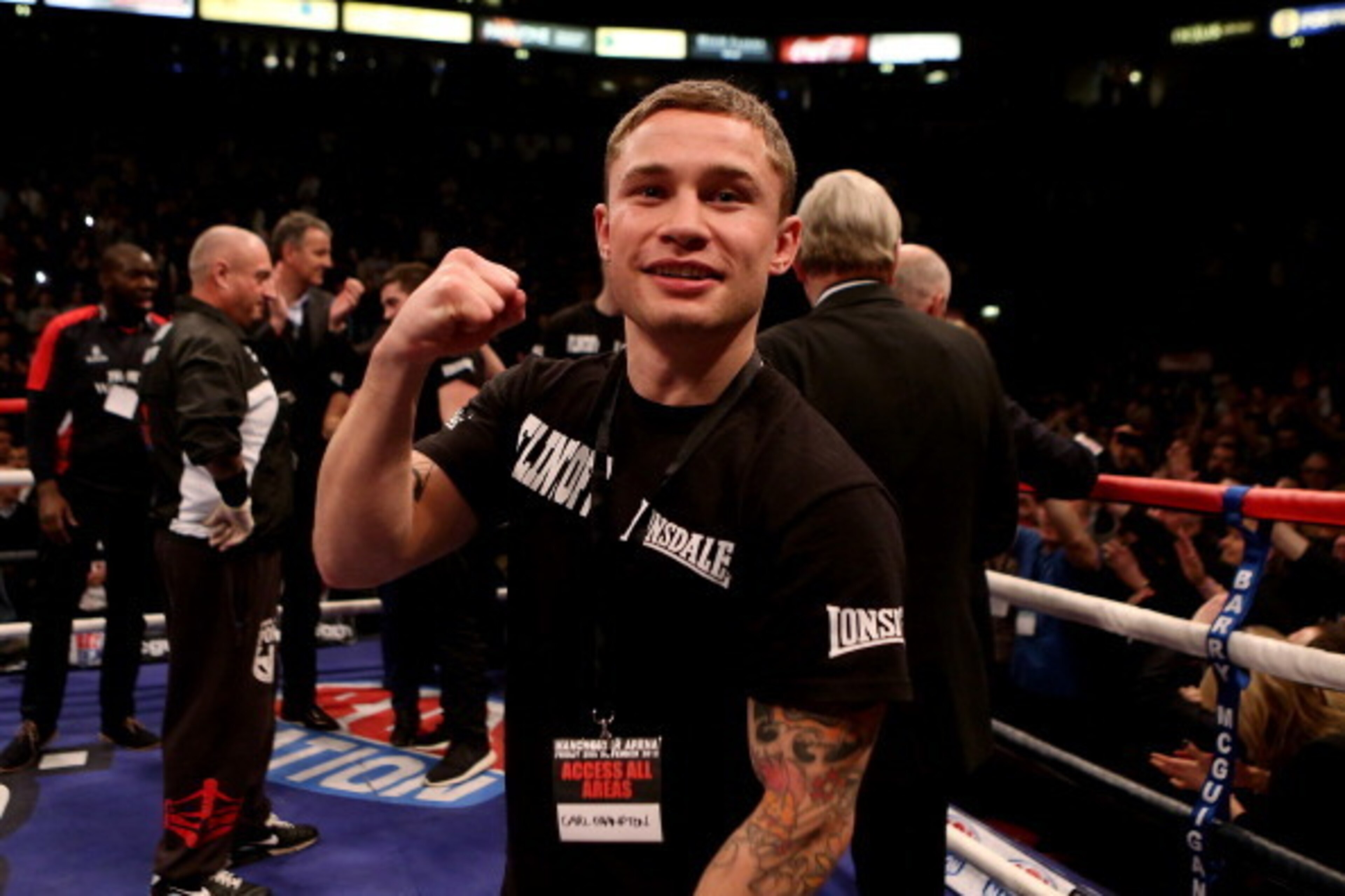 MANCHESTER, ENGLAND - NOVEMBER 30: Carl Frampton celebrates after Andrew Flintoff's victory over Richard Dawson during their International Heavyweight bout at MEN Arena on November 30, 2012 in Manchester, England. (Photo by Scott Heavey/Getty Images) MANCHESTER, ENGLAND - NOVEMBER 30: Carl Frampton celebrates after Andrew Flintoff's victory over Richard Dawson during their International Heavyweight bout at MEN Arena on November 30, 2012 in Manchester, England. (Photo by Scott Heavey/Getty Images)