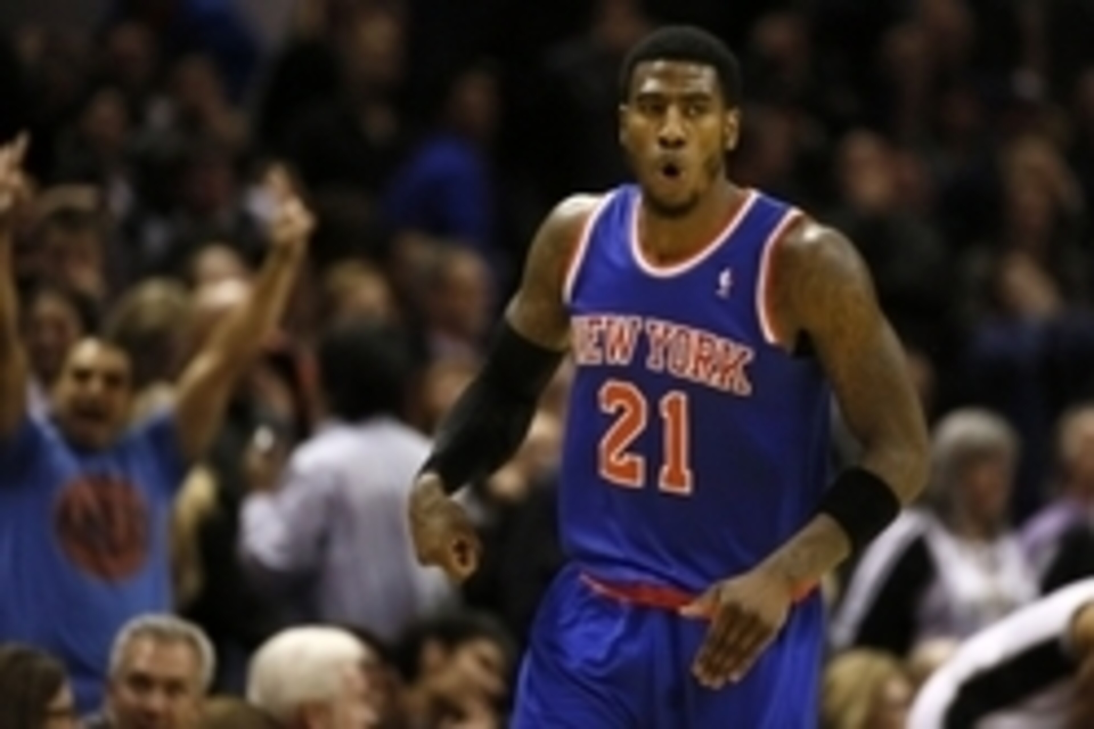 Jan 2, 2014; San Antonio, TX, USA; New York Knicks guard Iman Shumpert (21) reacts after a shot during the second half against the San Antonio Spurs at AT&T Center. The Knicks won 105-101. Mandatory Credit: Soobum Im-USA TODAY Sports Jan 2, 2014; San Antonio, TX, USA; New York Knicks guard Iman Shumpert (21) reacts after a shot during the second half against the San Antonio Spurs at AT&T Center. The Knicks won 105-101. Mandatory Credit: Soobum Im-USA TODAY Sports
