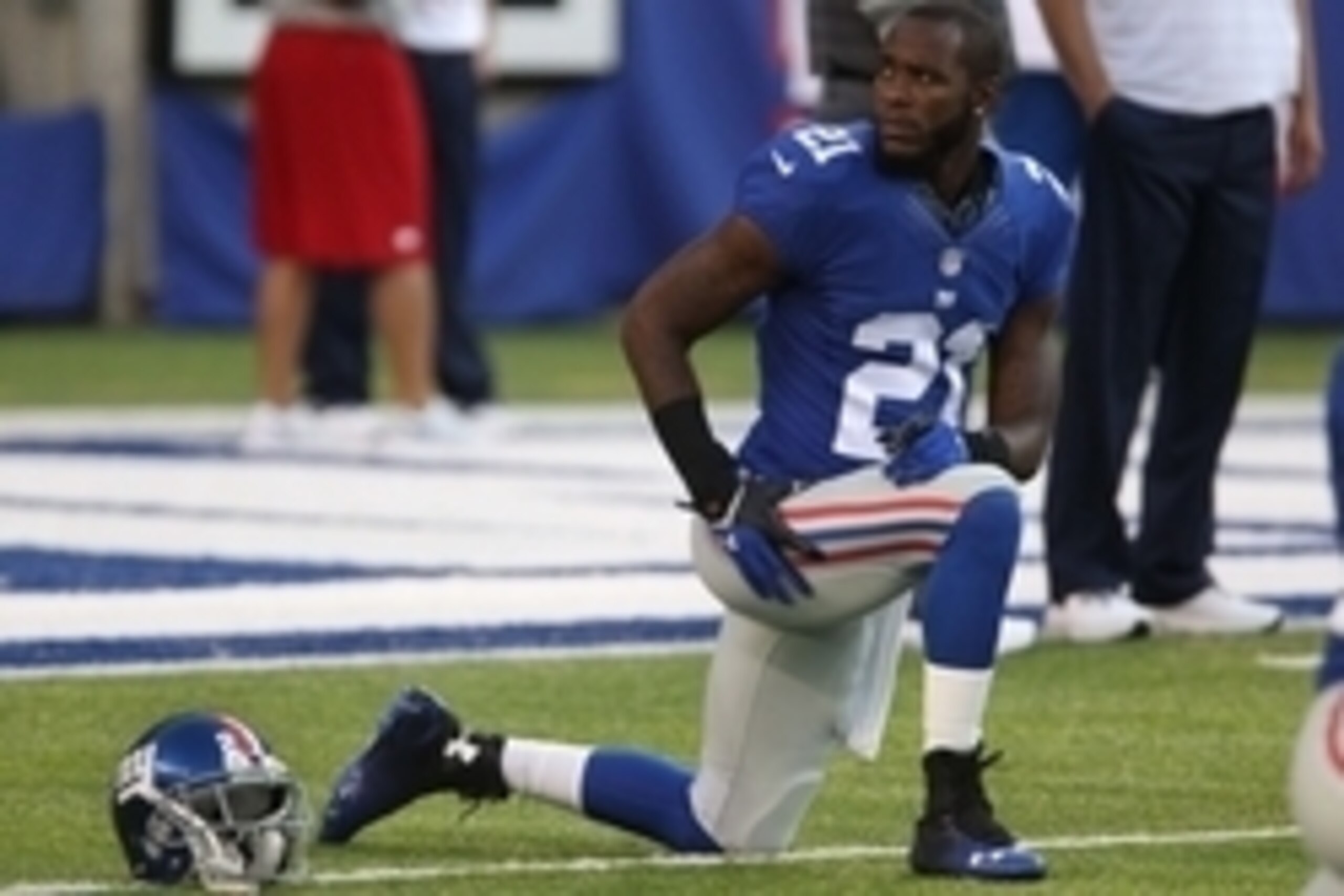 Aug 9, 2014; East Rutherford, NJ, USA;  New York Giants cornerback Dominique Rodgers-Cromartie (21) during pre game warm up at MetLife Stadium. Mandatory Credit: Noah K. Murray-USA TODAY Sports