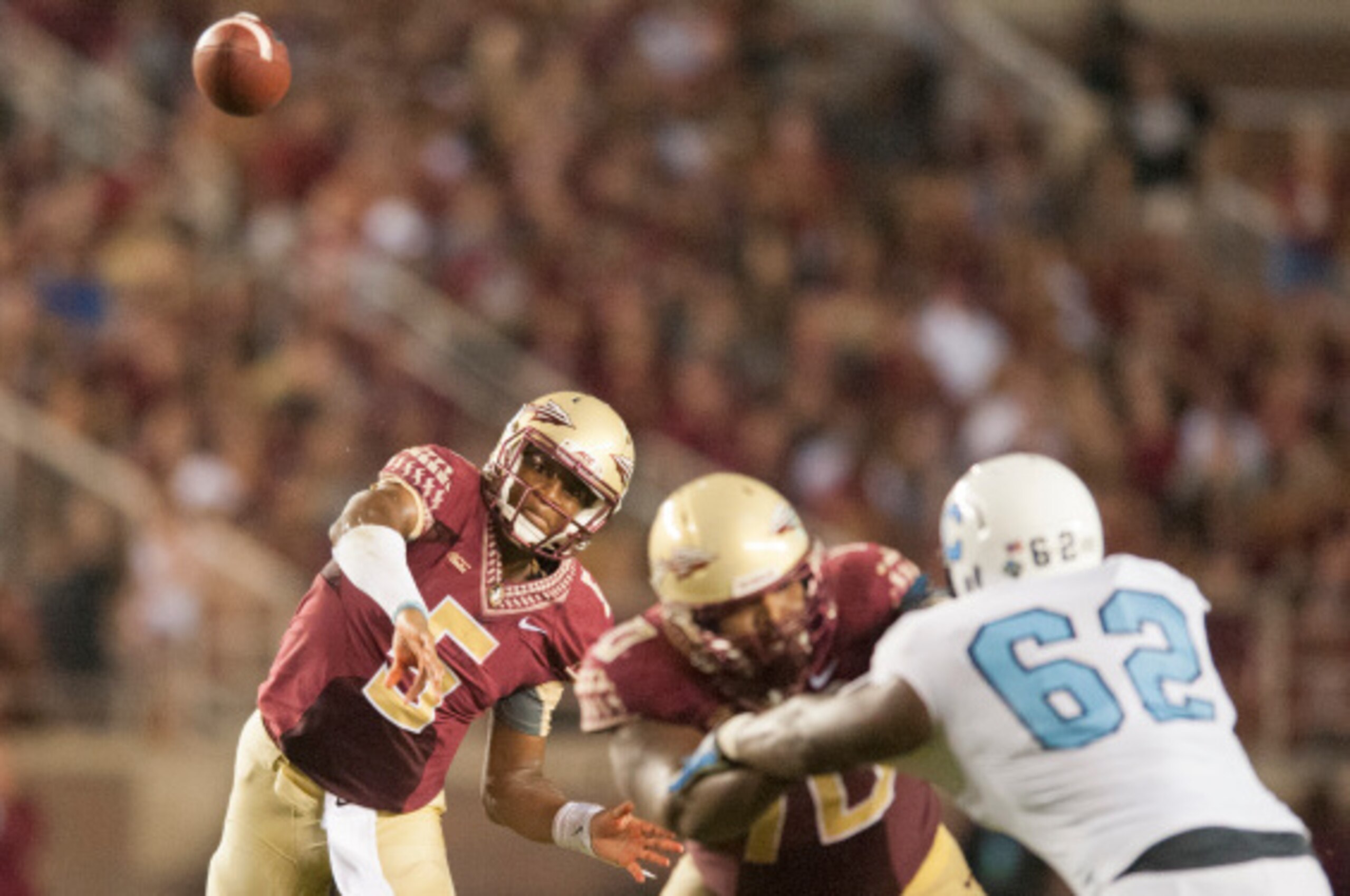 TALLAHASSEE, FL - SEPTEMBER 6: Jameis Winston #5 makes a pass during the first half against the Citadel at Doak Campbell Stadium on September 6, 2014 in Tallahassee, Florida. (Photo by Jeff Gammons/Getty Images)