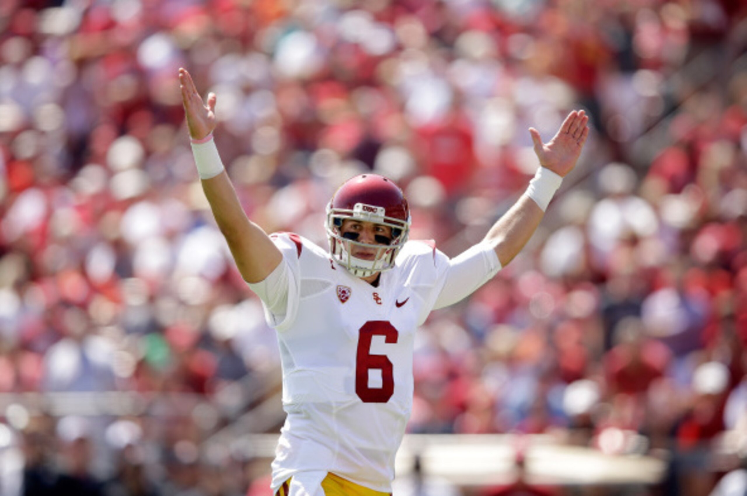 PALO ALTO, CA - SEPTEMBER 06:  Cody Kessler #6 of the USC Trojans celebrates after they scored a touchdown against the Stanford Cardinal at Stanford Stadium on September 6, 2014 in Palo Alto, California.  (Photo by Ezra Shaw/Getty Images)