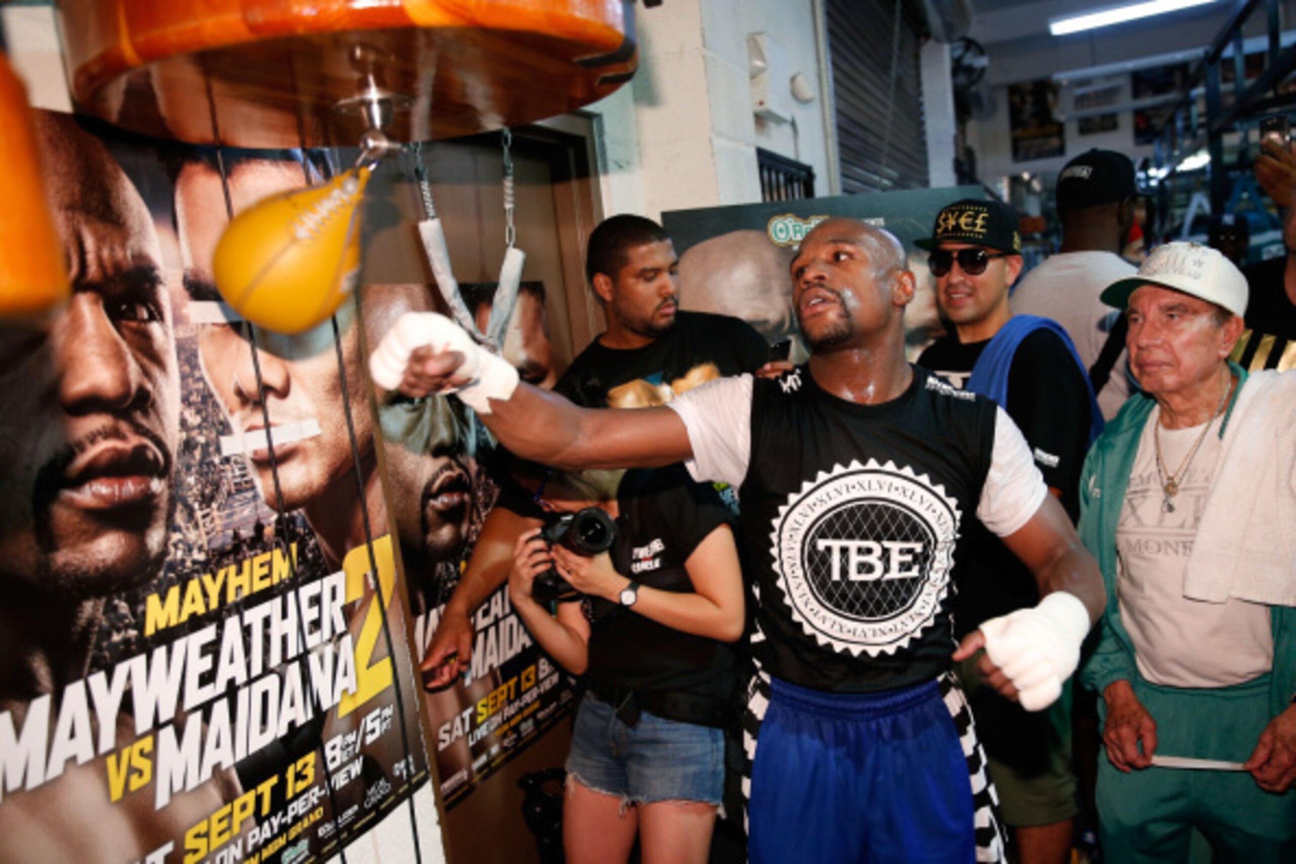 LAS VEGAS, NV - SEPTEMBER 02:  Boxer Floyd Mayweather Jr. works out at the Mayweather Boxing Club on September 2, 2014 in Las Vegas, Nevada. Mayweather Jr. will defend his WBC/WBA welterweight titles against Marcos Maidana on September 13 in Las Vegas.  (