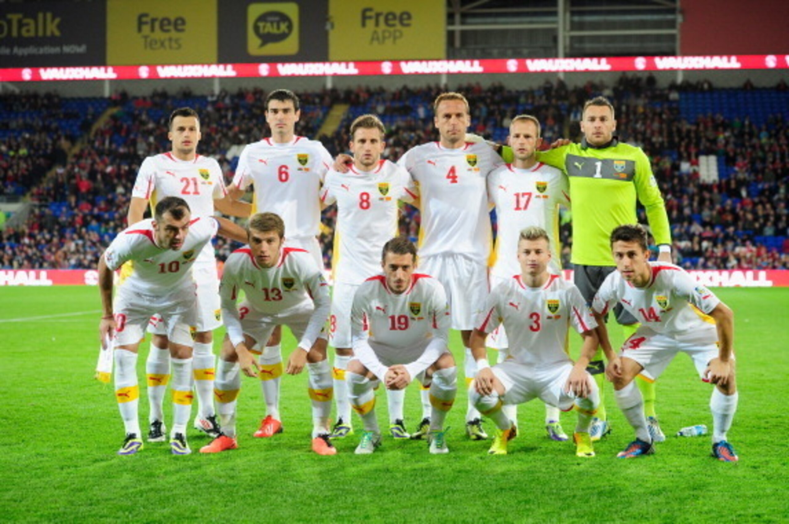 CARDIFF, WALES - OCTOBER 11: The Macedonia team line up before the FIFA 2014 World Cup Qualifier Group D match between Wales and Macedonia at Cardiff City Stadium on October 11, 2013 in Cardiff, Wales.  (Photo by Stu Forster/Getty Images)
