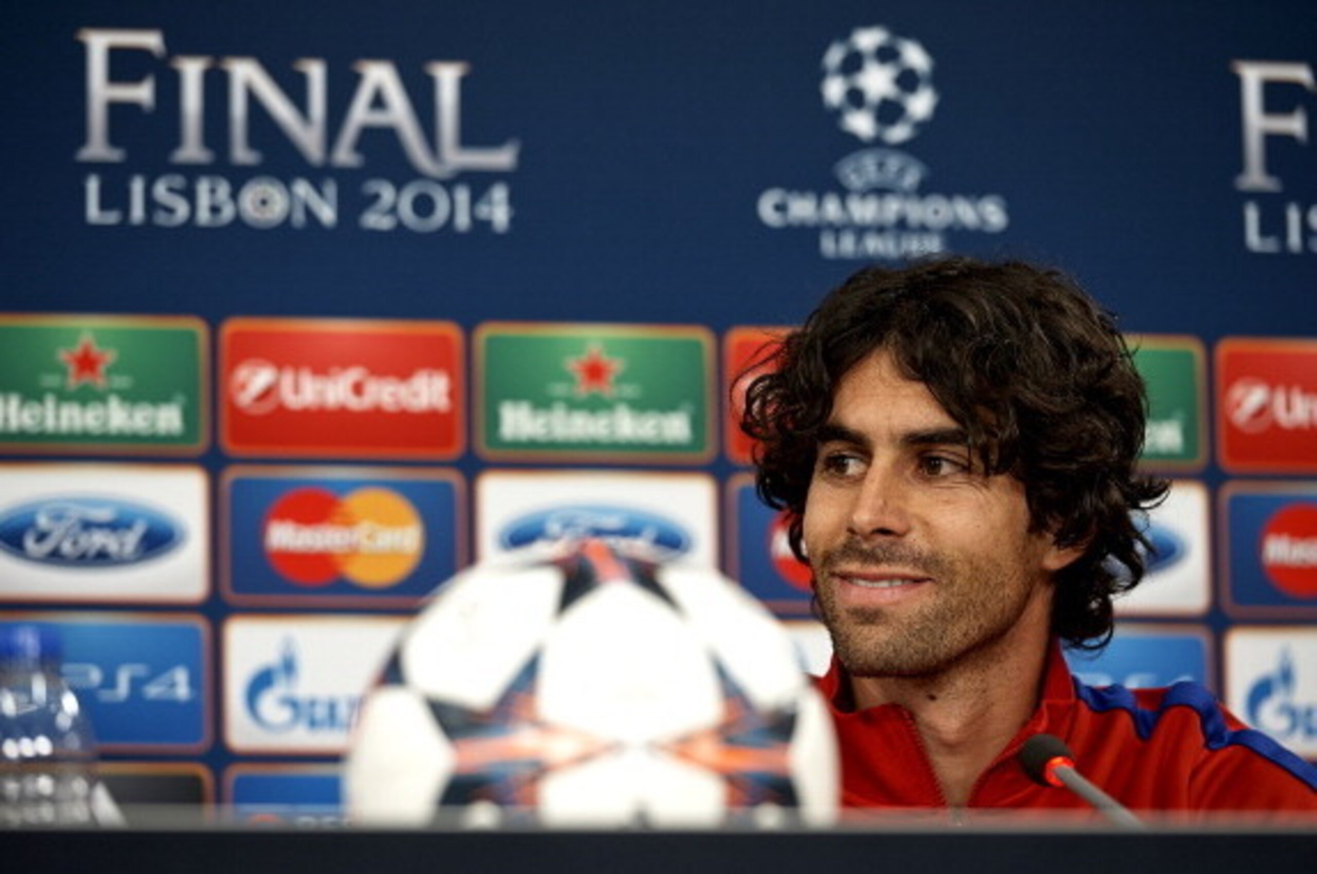 LISBON, PORTUGAL - MAY 23:   In this handout image provided by UEFA, Tiago of Club Atletico de Madrid attends a press conference ahead of the UEFA Champions League final against Real Madrid at Estadio da Luz on May 23, 2014 in Lisbon, Portugal.   (Photo b