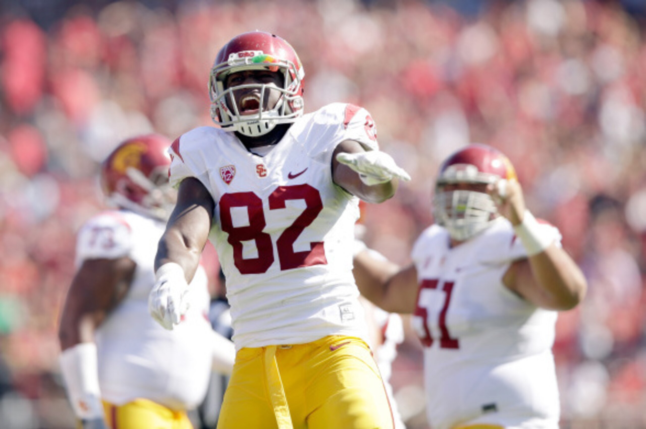 PALO ALTO, CA - SEPTEMBER 06:  Randall Telfer #82 of the USC Trojans celebrates after the Trojans recovered a fumble by Kevin Hogan #8 of the Stanford Cardinal in the final minute of their game their clinched their victory at Stanford Stadium on September