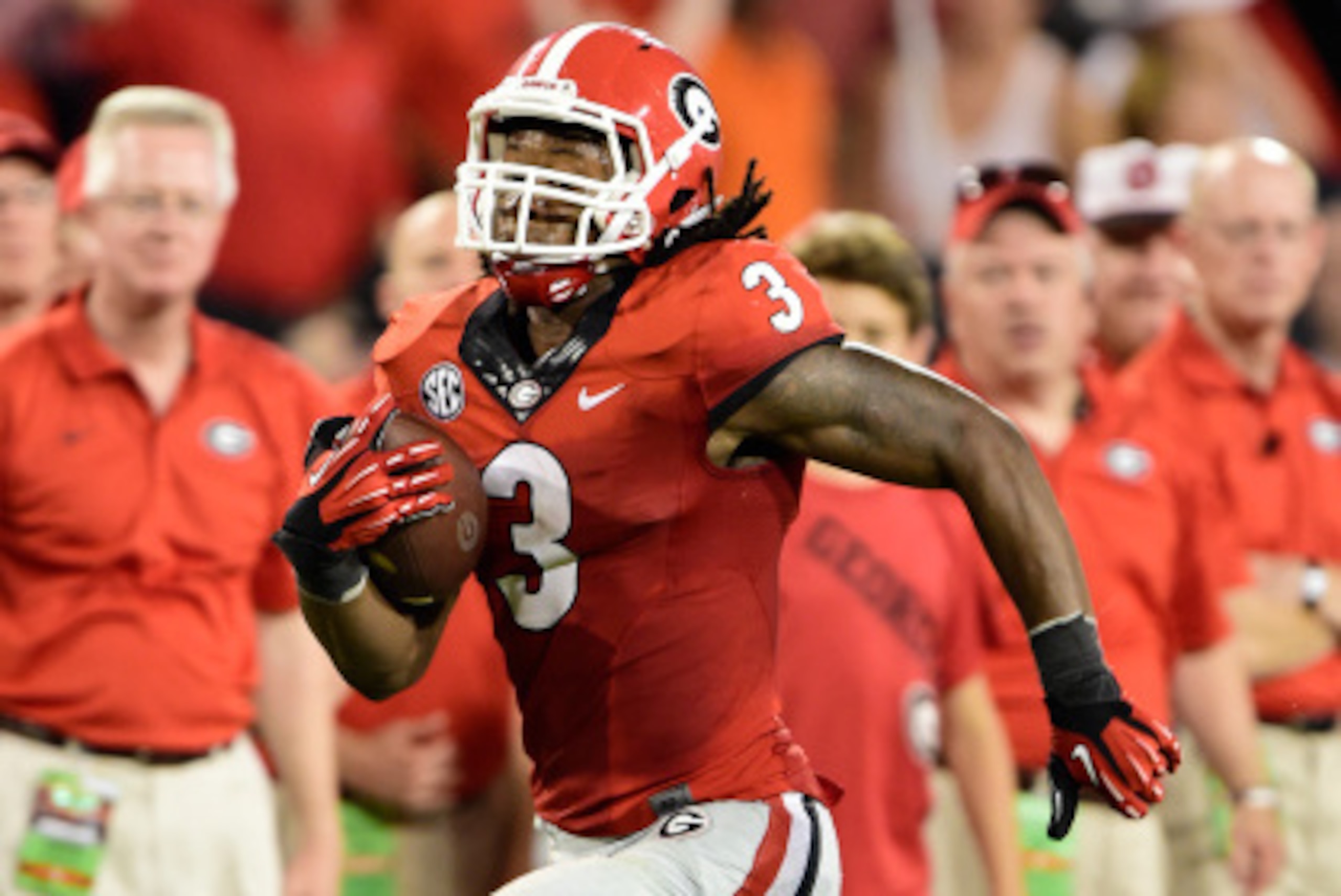 ATHENS, GA - AUGUST 30: Todd Gurley #3 of the Georgia Bulldogs carries the ball for a fourth quarter touchdown against the Clemson Tigers at Sanford Stadium on August 30, 2014 in Athens, Georgia. (Photo by Scott Cunningham/Getty Images)