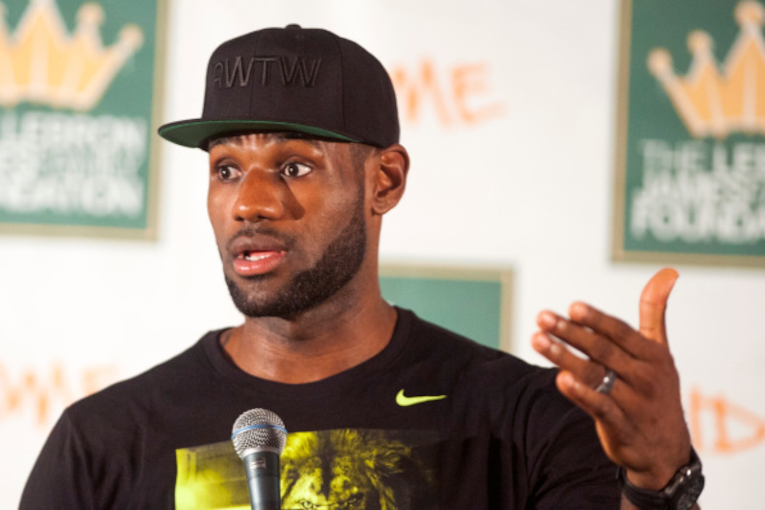 AKRON, OH - AUGUST 08: LeBron James speaks during a press conference at The University of Akron before the kickoff of his welcome ceremony at InfoCison Stadium at The University of Akron on August 8, 2014 in Akron, Ohio. (Photo by Ty Wright/Getty Images)
