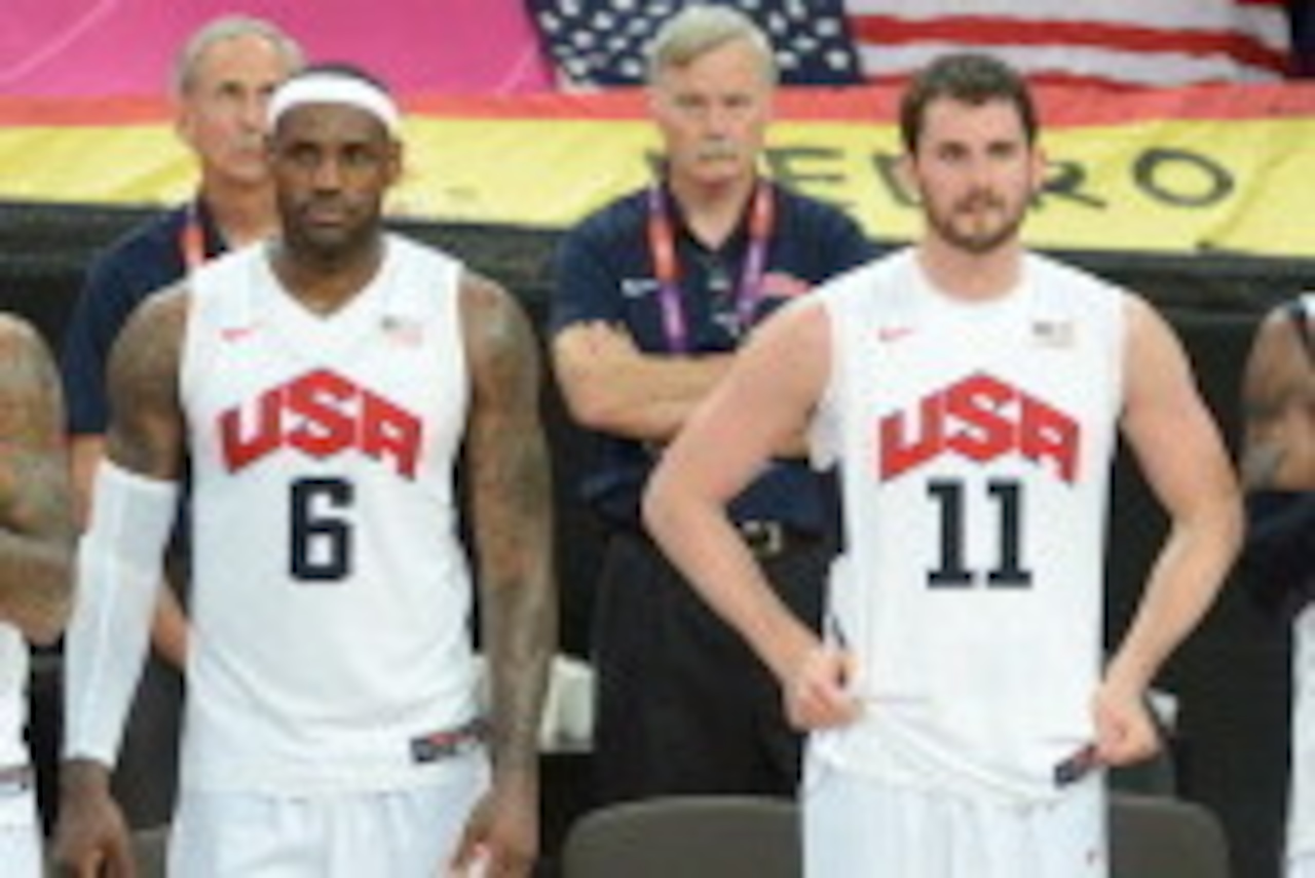 LONDON, ENGLAND - AUGUST 12: Chris Paul #13, Carmelo Anthony #15, LeBron James #6, Kevin Love #11, Kobe Bryant #10 and Kevin Durant #5 of the US Men's Senior National Team celebrates against Spain during their Men's Gold Medal Basketball Game on Day 16 of