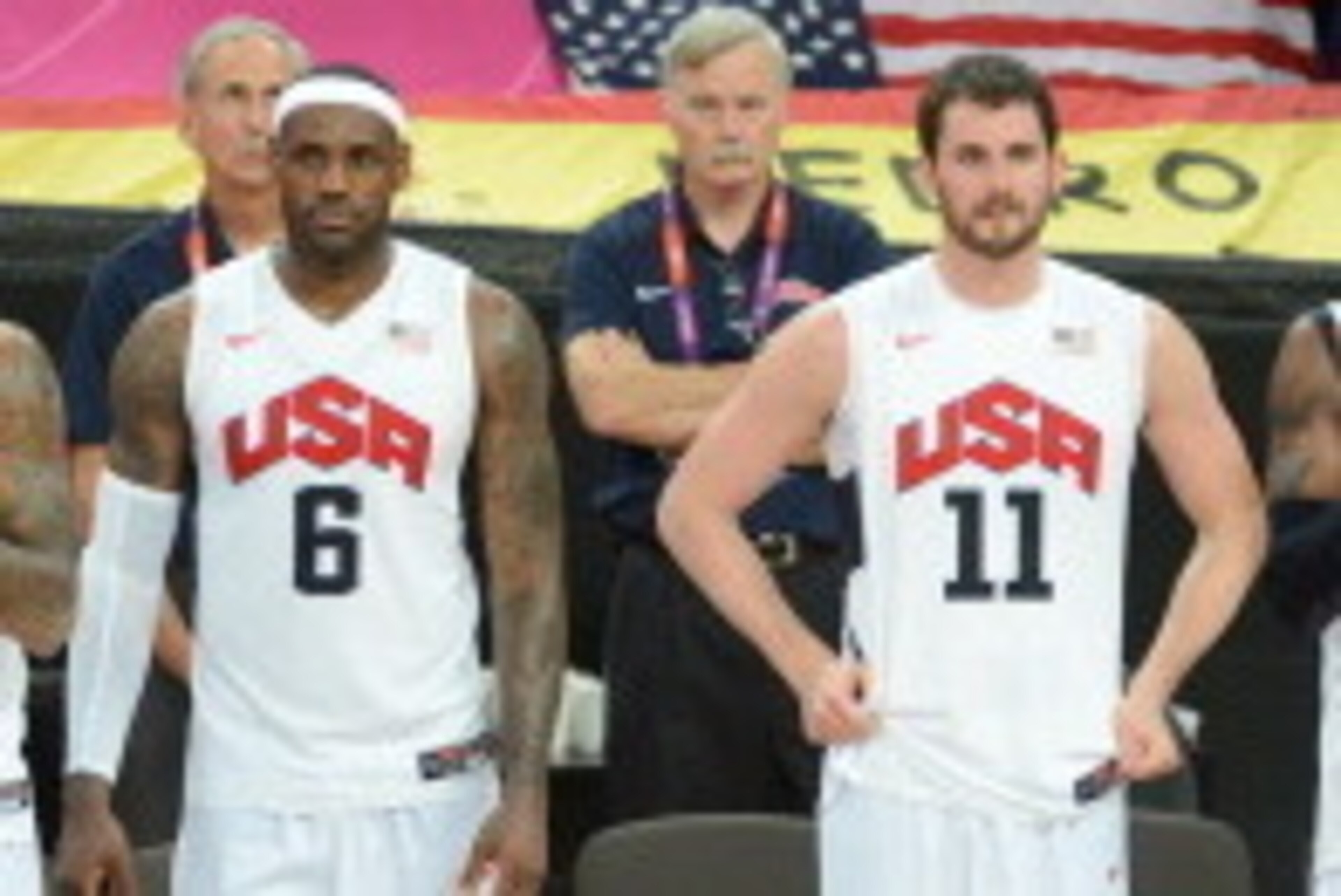 LONDON, ENGLAND - AUGUST 12: Chris Paul #13, Carmelo Anthony #15, LeBron James #6, Kevin Love #11, Kobe Bryant #10 and Kevin Durant #5 of the US Men's Senior National Team celebrates against Spain during their Men's Gold Medal Basketball Game on Day 16 of