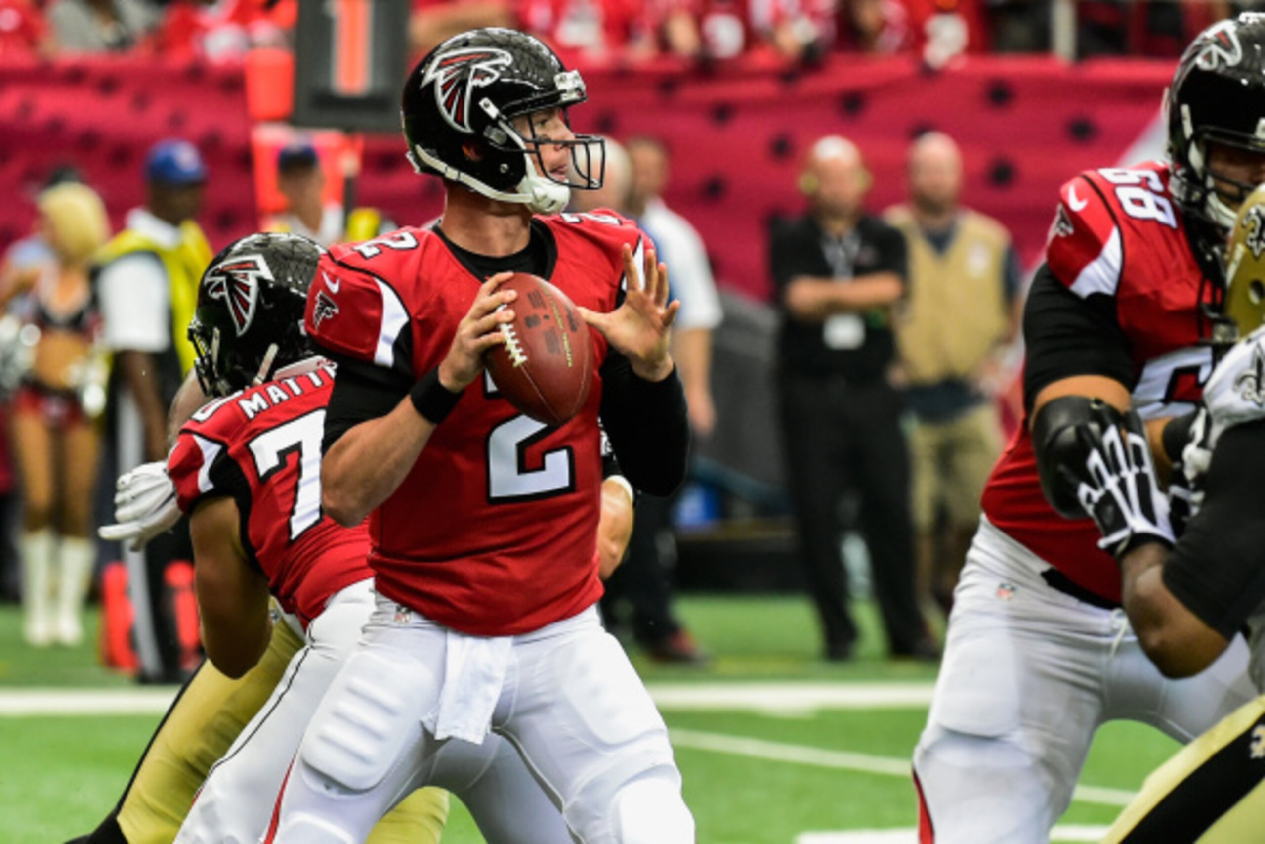 ATLANTA, GA - SEPTEMBER 07:  Matt Ryan #2 of the Atlanta Falcons drops back to pass in the first half against the New Orleans Saints at the Georgia Dome on September 7, 2014 in Atlanta, Georgia.  (Photo by Scott Cunningham/Getty Images)