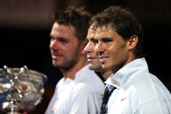 MELBOURNE, AUSTRALIA - JANUARY 26:  Stanislas Wawrinka of Switzerland and Rafael Nadal of Spain looks on at their presentation after Wawrinka won their final match during day 14 of the 2014 Australian Open at Melbourne Park on January 26, 2014 in Melbourn