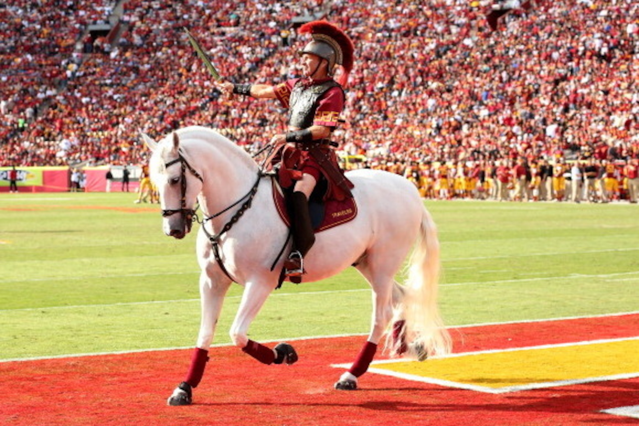 LOS ANGELES, CA - NOVEMBER 10: USC mascot Traveler performs during the game between the USC Trojans and the Arizona State Sun Devils at the Los Angeles Memorial Coliseum on November 10, 2012 in Los Angeles, California. USC won 38-17. (Photo by Stephen D LOS ANGELES, CA - NOVEMBER 10: USC mascot Traveler performs during the game between the USC Trojans and the Arizona State Sun Devils at the Los Angeles Memorial Coliseum on November 10, 2012 in Los Angeles, California. USC won 38-17. (Photo by Stephen D