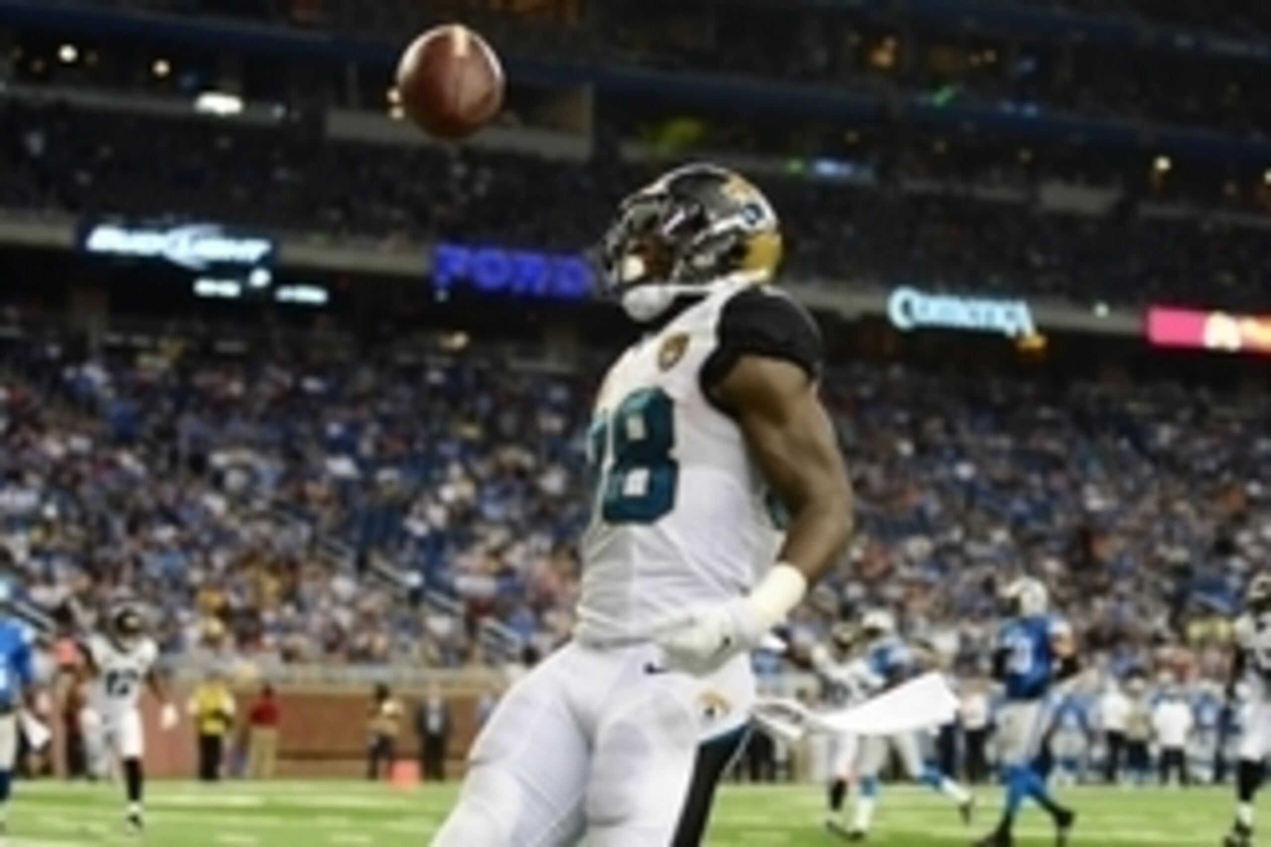 Aug 22, 2014; Detroit, MI, USA; Jacksonville Jaguars wide receiver Allen Hurns (88) runs into the end zone after making a catch for a touchdown during the third quarter against the Detroit Lions at Ford Field. Mandatory Credit: Andrew Weber-USA TODAY Spor