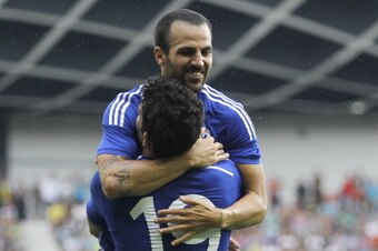 LJUBLJANA, SLOVENIA - JULY 27: Diego Costa of Chelsea celebrate the scoring the goal with Cesc Fabregas (TOP) during the Pre Season Friendly  match between FC Olimpija Ljubljana and Chelsea at Stozice stadium in Ljubljana, Slovenia on Sunday, July 27, 201