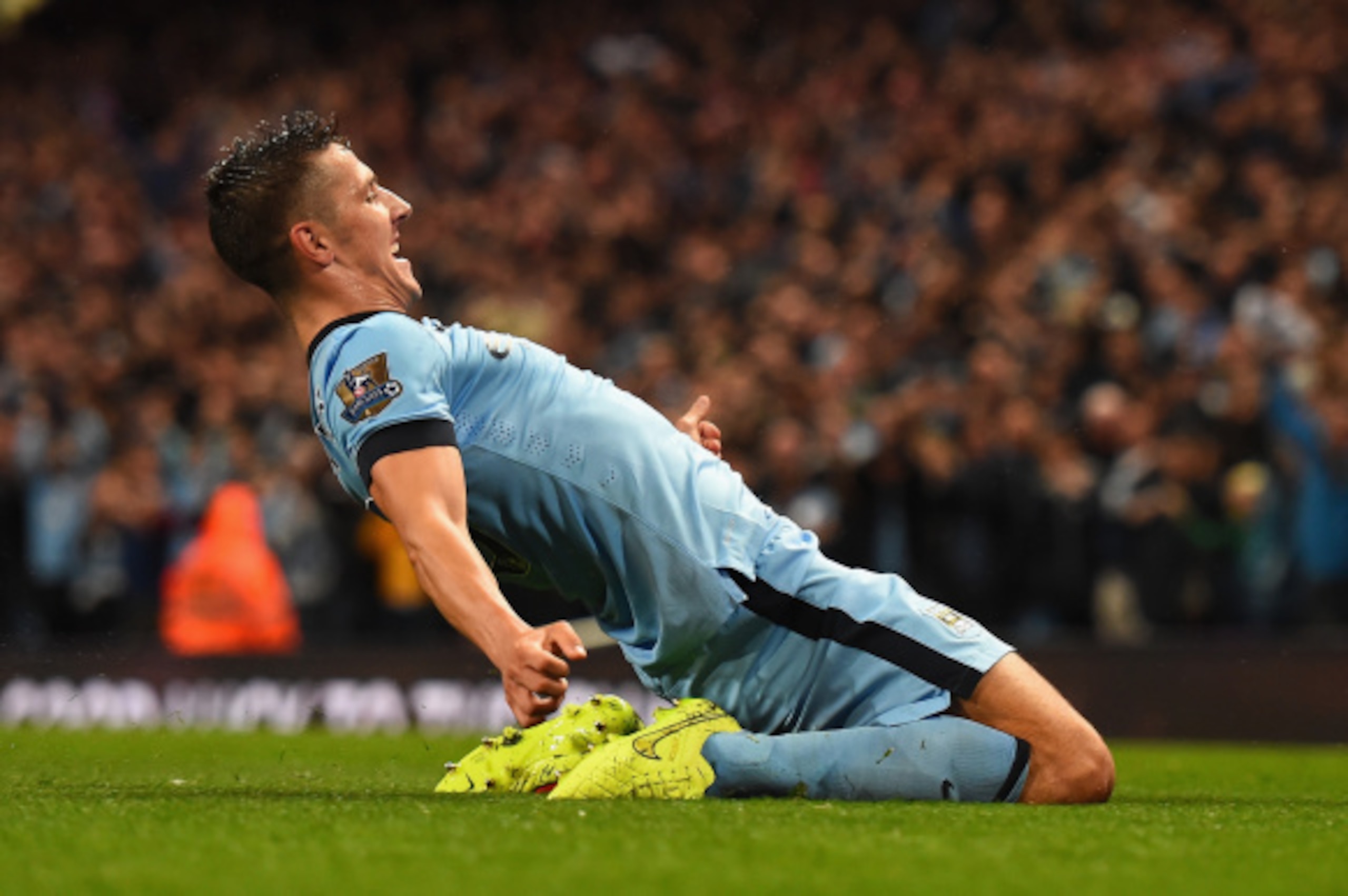 MANCHESTER, ENGLAND - AUGUST 25:  Stevan Jovetic of Manchester City celebrates scoring the opening goal during the Barclays Premier League match between Manchester City and Liverpool at the Etihad Stadium on August 25, 2014 in Manchester, England.  (Photo
