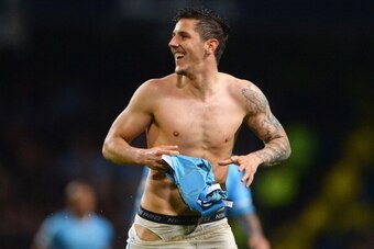 MANCHESTER, ENGLAND - MAY 07:  Stevan Jovetic of Manchester City celebrates scoring his team's third goal during the Barclays Premier League match between Manchester City and Aston Villa at Etihad Stadium on May 7, 2014 in Manchester, England.  (Photo by 