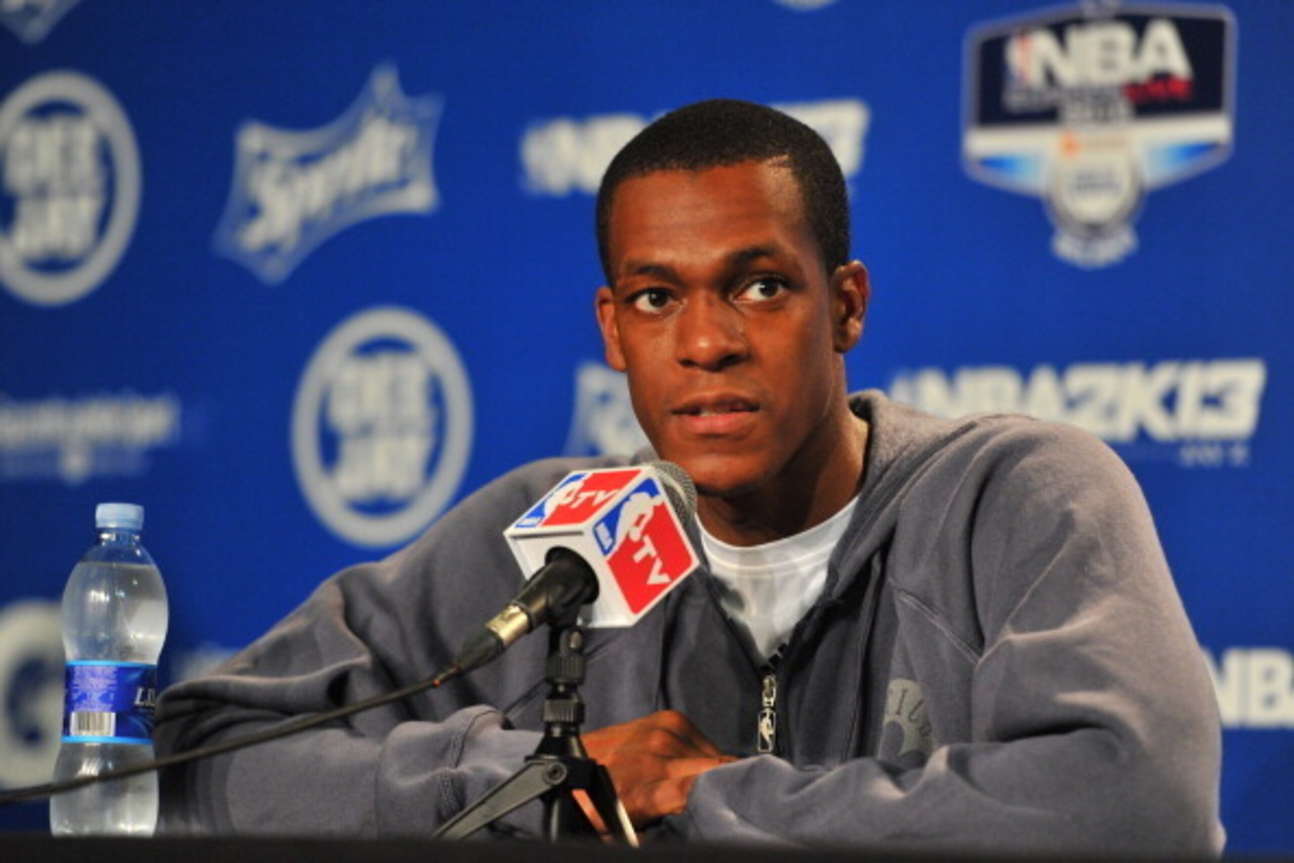MILAN, ITALY - OCTOBER 7:  Rajon Rondo #9 of the Boston Celtics speaks during a press conference after the game between the Boston Celtics and the EA7 Emporio Armani Milano on October 7, 2012 at Mediolanum Forum in Milan, Italy. NOTE TO USER: User express