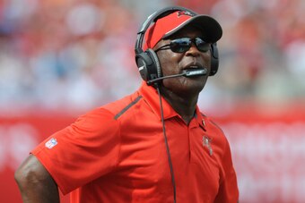 TAMPA, FL - SEPTEMBER 7: Head coach Lovie Smith of the Tampa Bay Buccaneers looks on from the sidelines against the Carolina Panthers at Raymond James Stadium on September 7, 2014 in Tampa, Florida. (Photo by Cliff McBride/Getty Images) )
