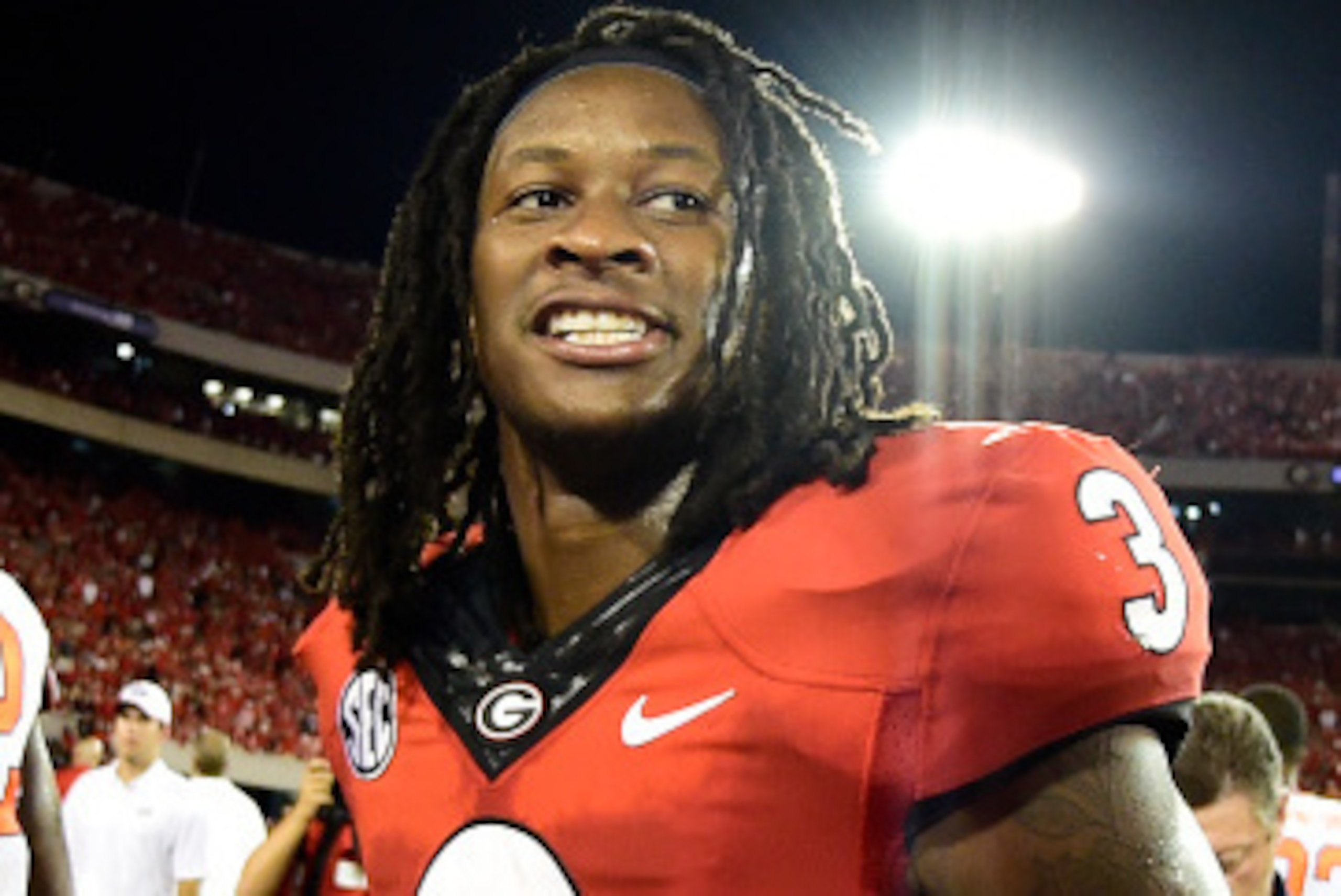 ATHENS, GA - AUGUST 30:  Todd Gurley #3 of the Georgia Bulldogs celebrates after the game against the Clemson Tigers at Sanford Stadium on August 30, 2014 in Athens, Georgia. (Photo by Scott Cunningham/Getty Images)