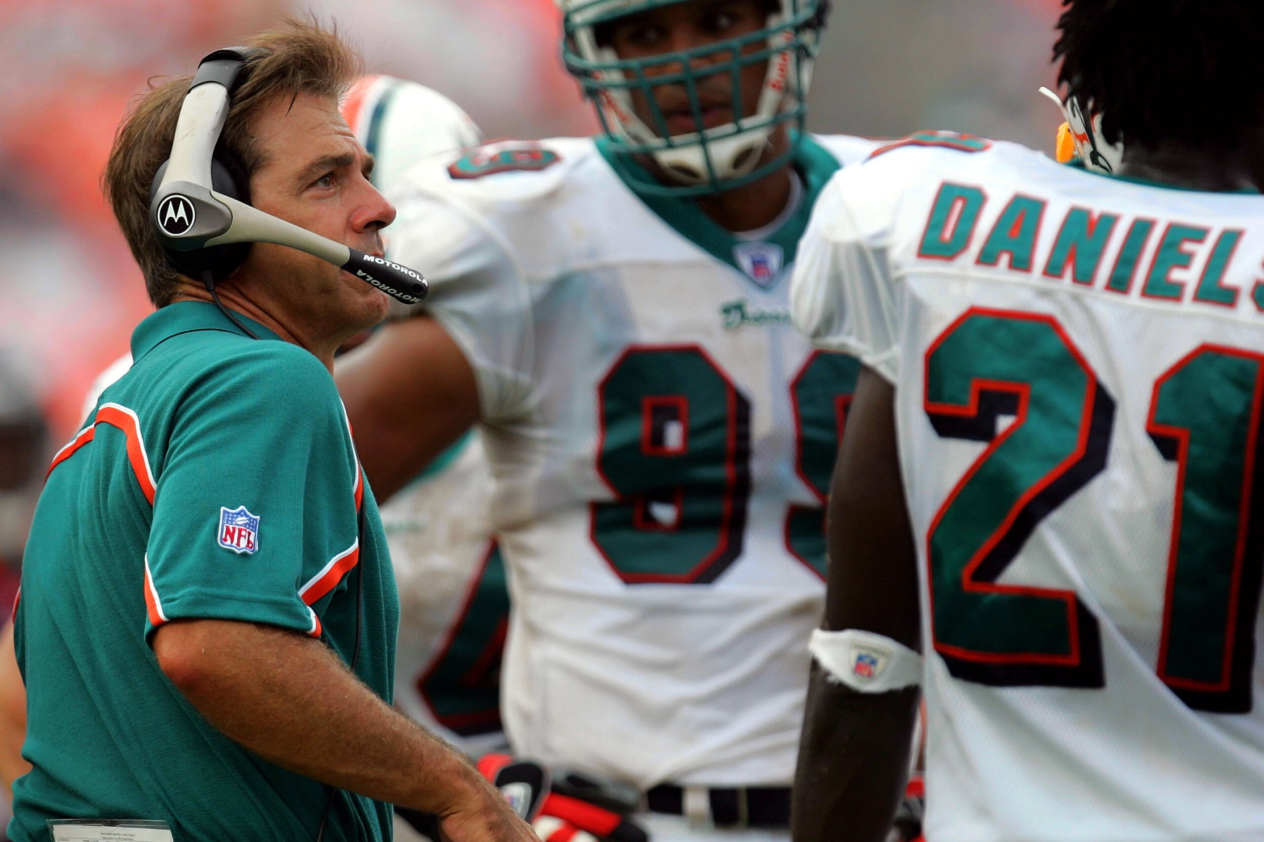 MIAMI - SEPTEMBER 11:  Head coach Nick Saban of the Miami Dolphins during play against the Denver Broncos on September 11, 2005 at Dolphin Stadium, in Miami, Florida. The Dolphins defeated the Broncos 34-10.  (Photo by Ronald Martinez/Getty Images)