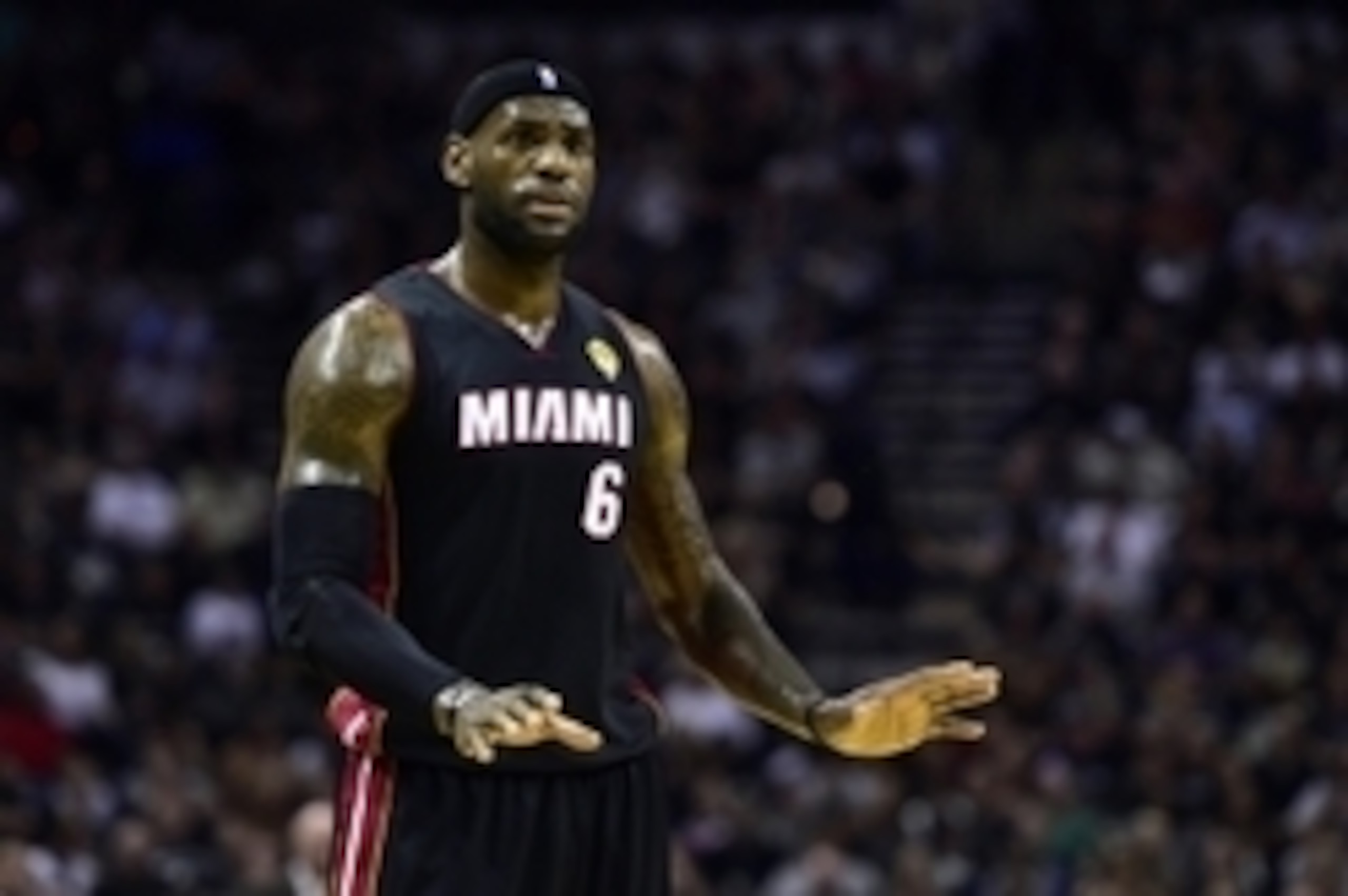 Jun 15, 2014; San Antonio, TX, USA; Miami Heat forward LeBron James (6) reacts to a call during the first quarter against the San Antonio Spurs in game five of the 2014 NBA Finals at AT&T Center. Mandatory Credit: Bob Donnan-USA TODAY Sports