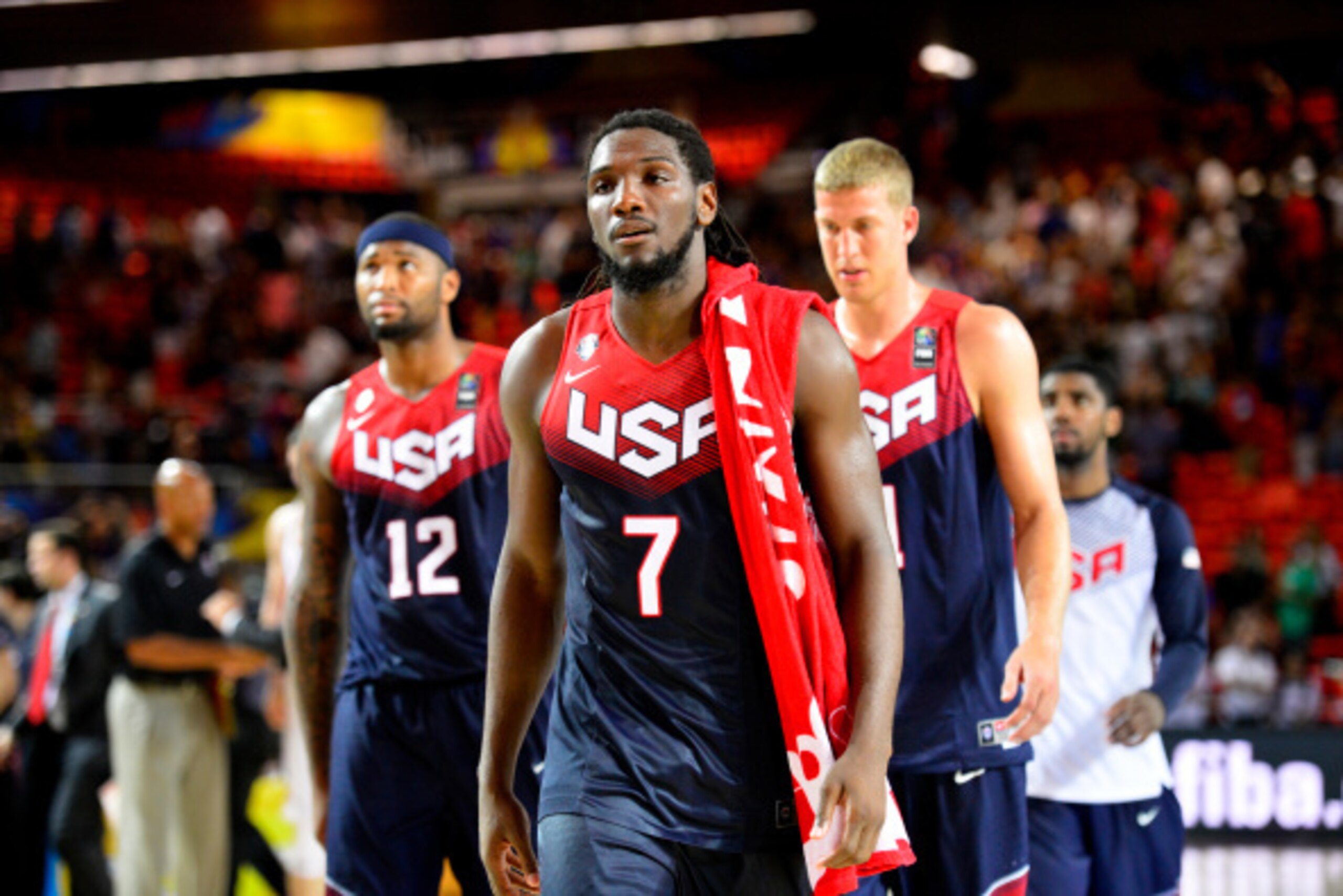 BILBAO, SPAIN - AUGUST 31: Kenneth Faried #7, DeMarcus Cousins #12 and Mason Plumlee #11 of the USA Basketball Men's National Team after the game against the Turkey Basketball Men's National Team during the 2014 FIBA World Cup at Bizkaia Arena in Bilbao E
